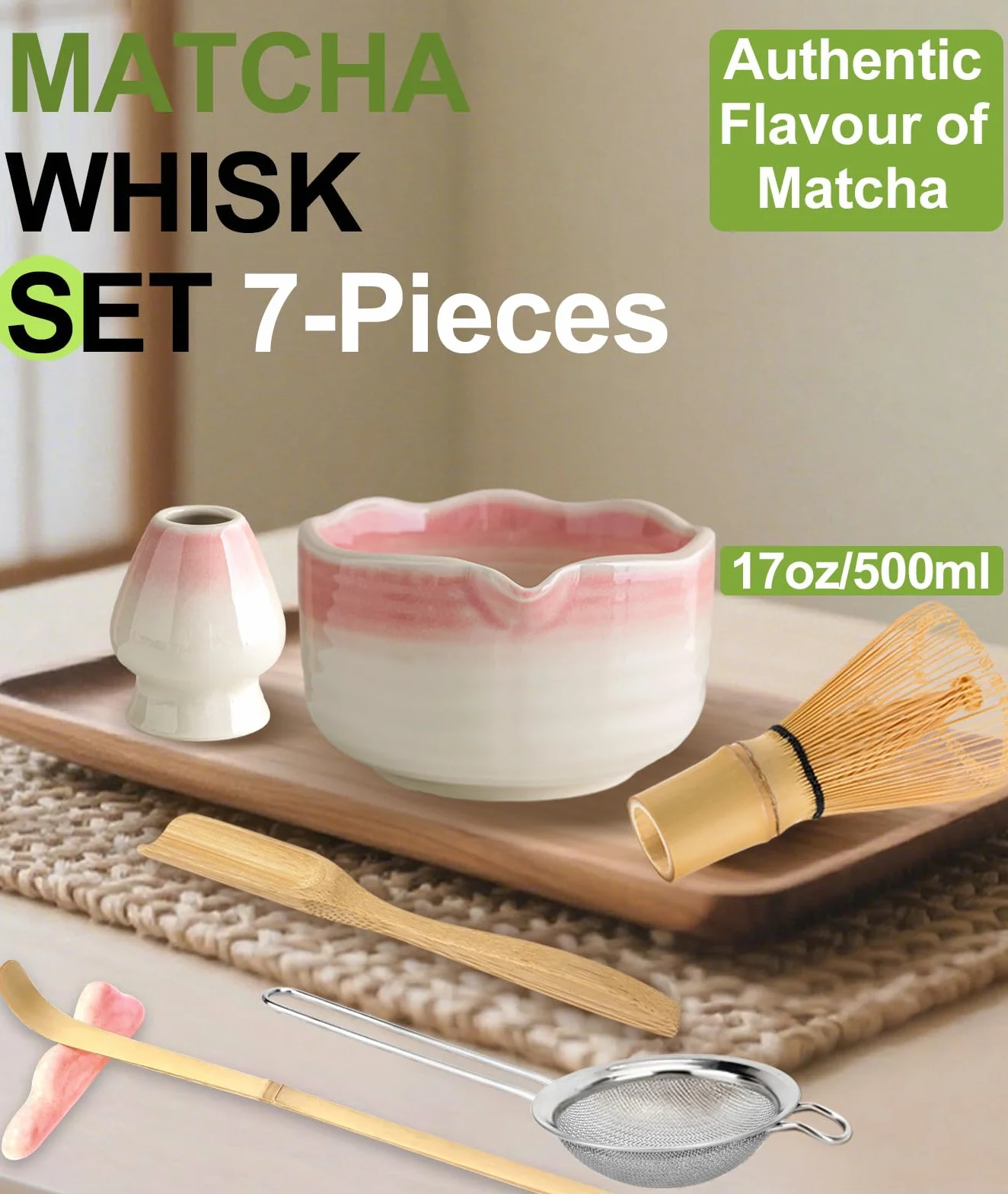 JBER Zestaw do matcha 7-Częściowy - Miotła Bambusowa do matchy, Ceramiczna miseczka z nalewką, Sitko do matchy - Kompletny zestaw do herbaty matcha, Różowy Gradient