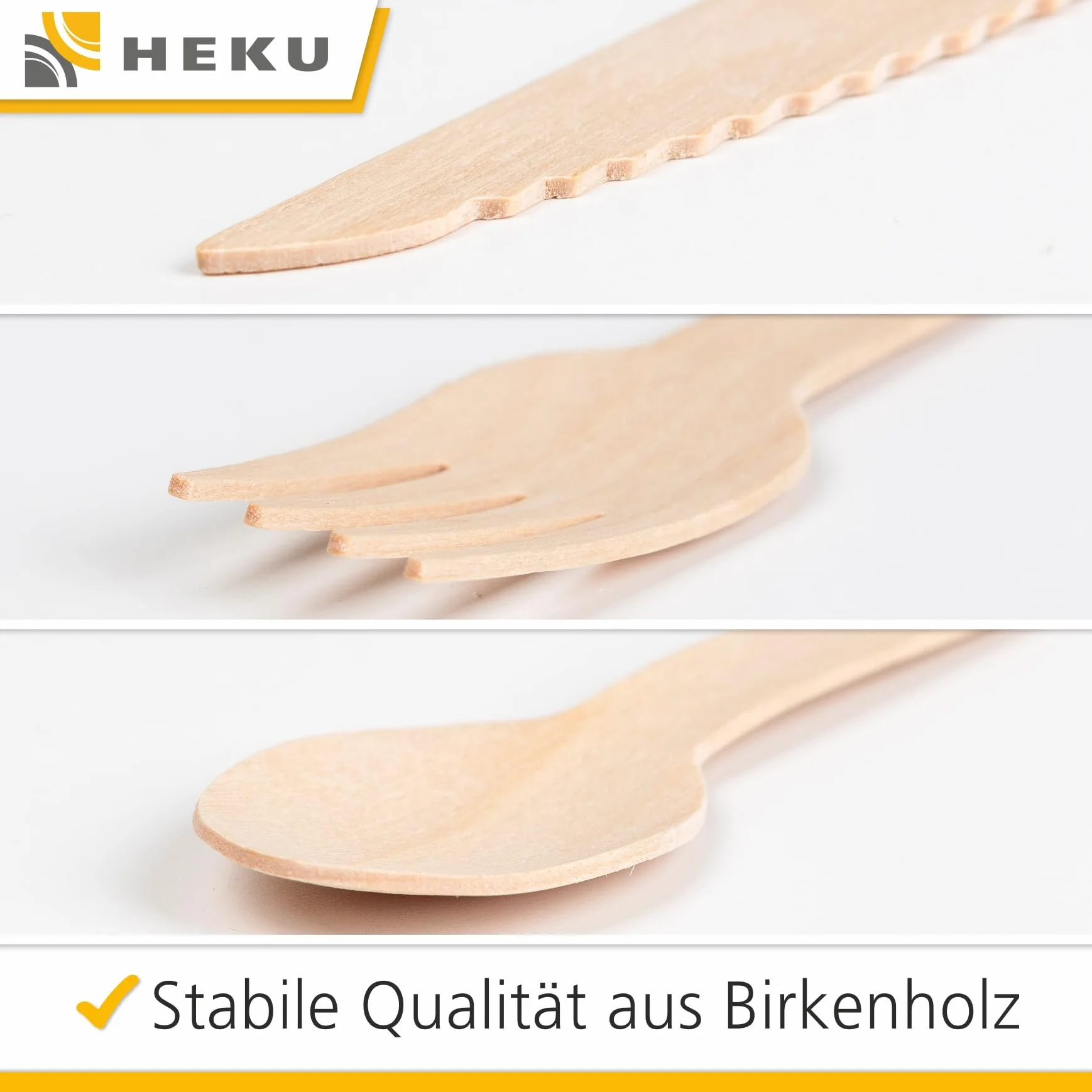 HEKU be green 150-częściowy zestaw sztućców jednorazowych z drewna brzozowego – 50 noży (16,5 cm), 50 widelców, 50 łyżek (15,7 cm), możliwość kompostowania, wyprodukowany z surowców odnawialnych i