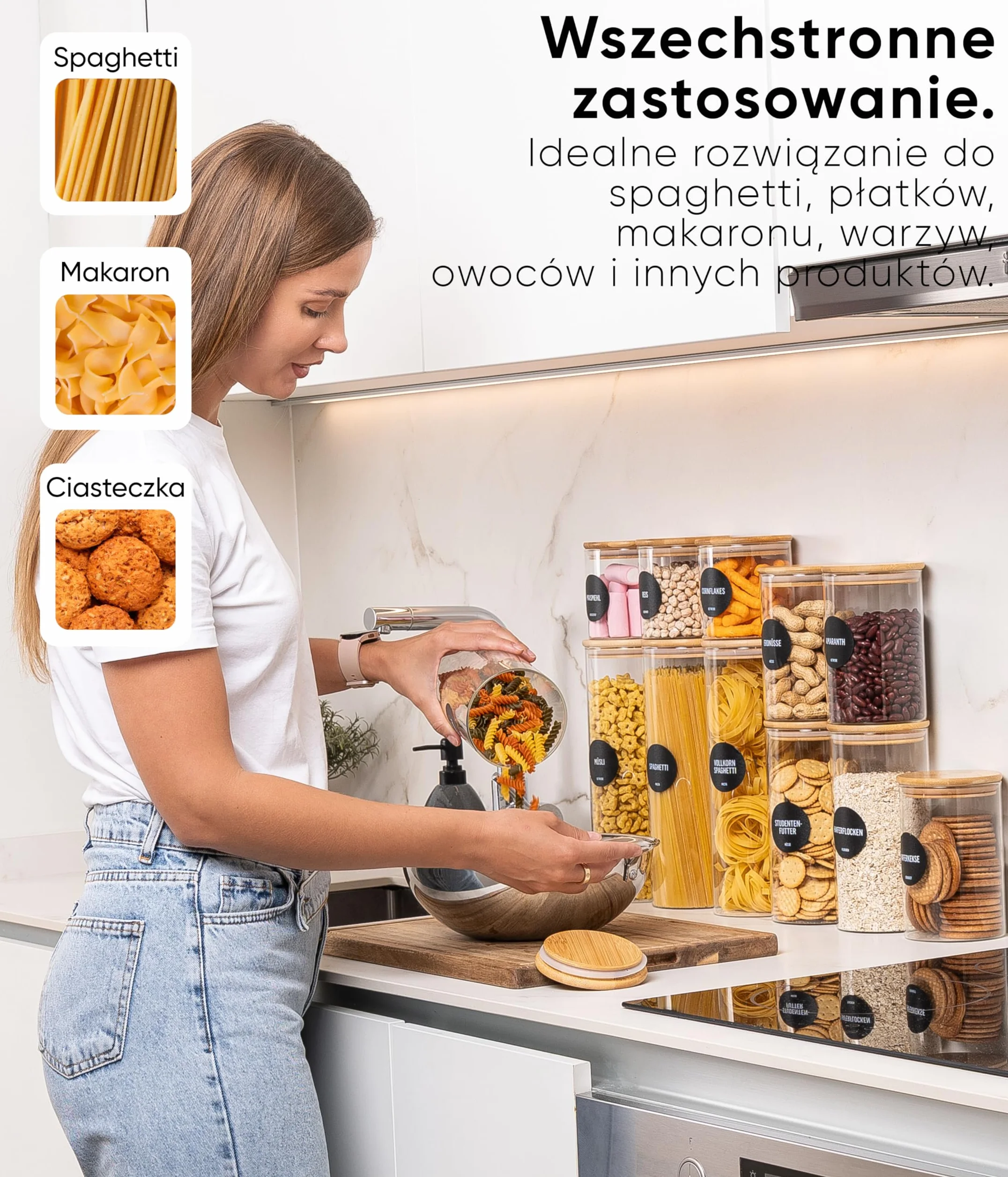 Deco haus® Słoiki do przechowywania z pokrywką, zestaw 3 sztuk do mąkę, szklane pojemniki na zapasy, do przechowywania kuchni, słoiki, szklany pojemnik 3x1950ml