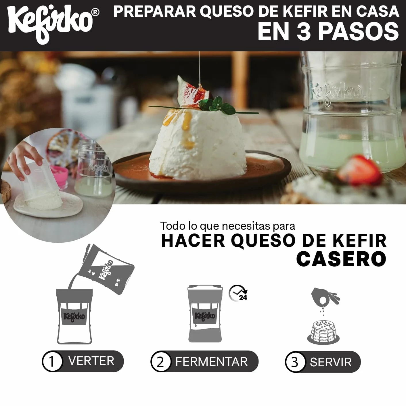 KEFIRKO Cheese Maker – idealny zestaw do przygotowywania domowego sera kefirowego, zestaw serów i książeczka z przepisami do pobrania w formacie PDF | 1,4 l | BPA Free | zielony