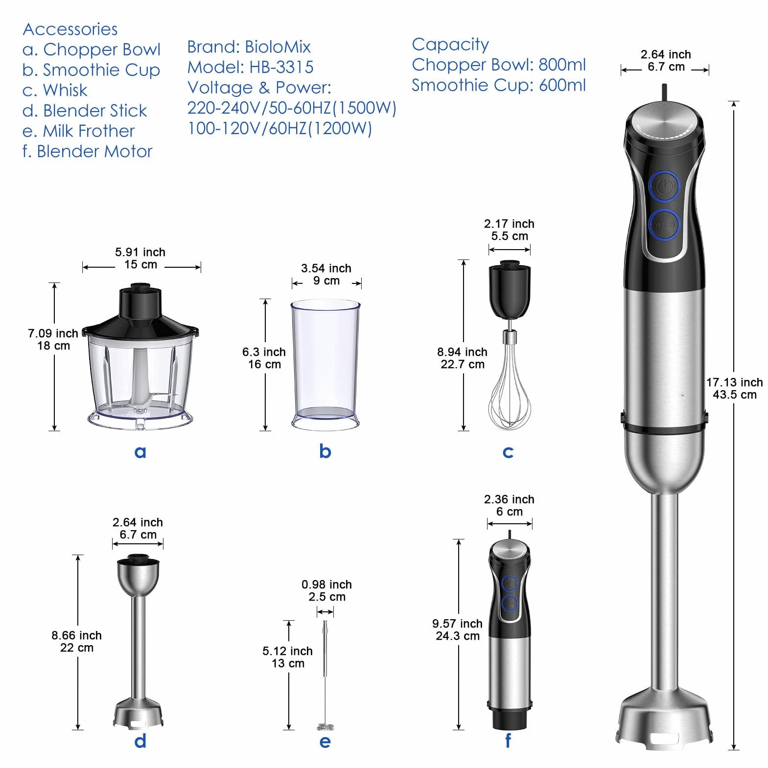 Zestaw Blendera Ręcznego O Wysokiej Wydajności Silnik Z Regulacją Prędkości Elektryczny Blender Ręczny Blender Ręczny Trzepaczka Spieniacz do Mleka Kubek 800 (Wtyczka UE 220-240 V, 1500 W)
