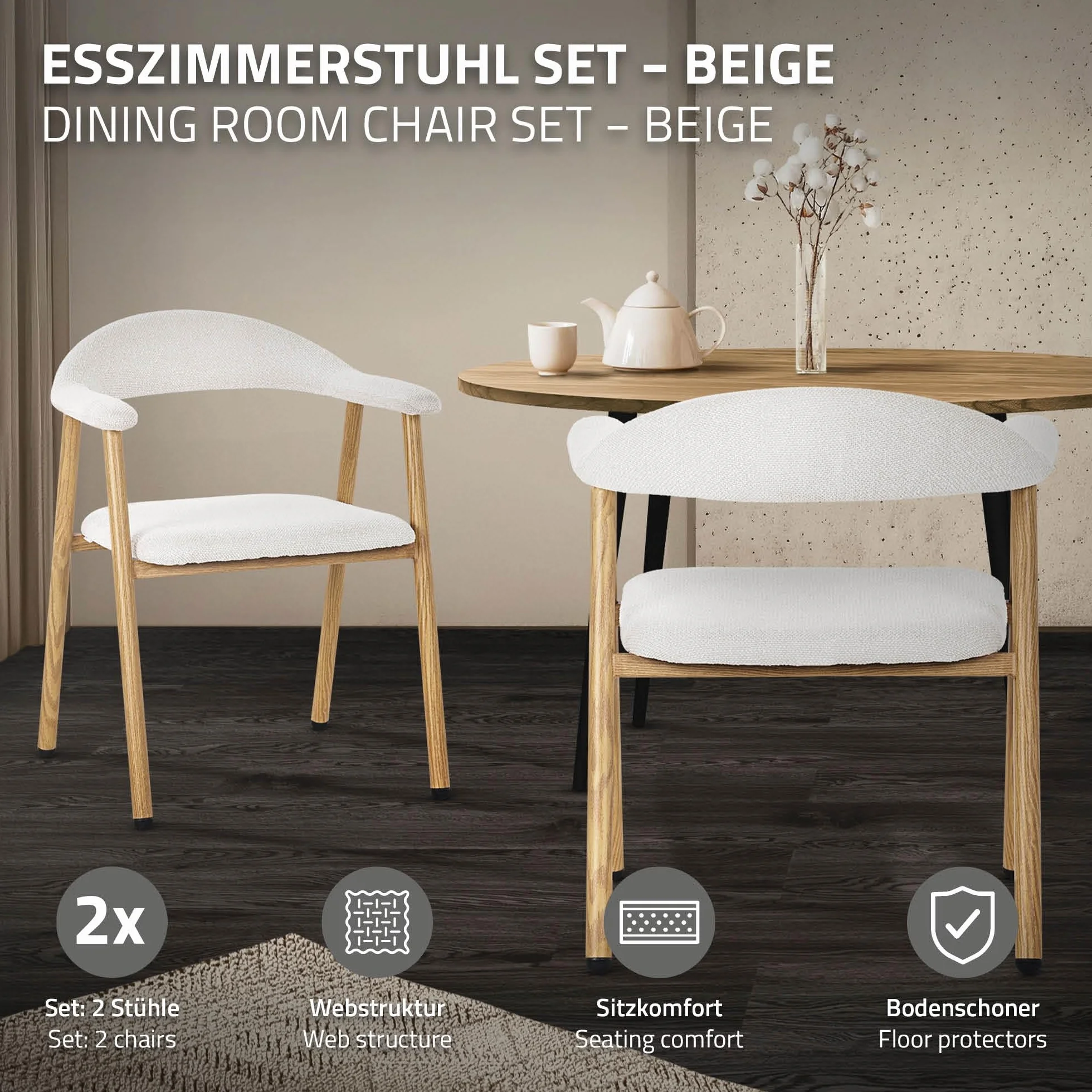 ML-Design Krzesla do Jadalni 2 Szt z Podlokietnikami Bezowy, Tapicerowane Krzesla Kuchenne z Oparciem, Ergonomiczne Fotele do Salonu z Tkanina Pleciona i Metalowymi Nogami w Drewnianym Stylu