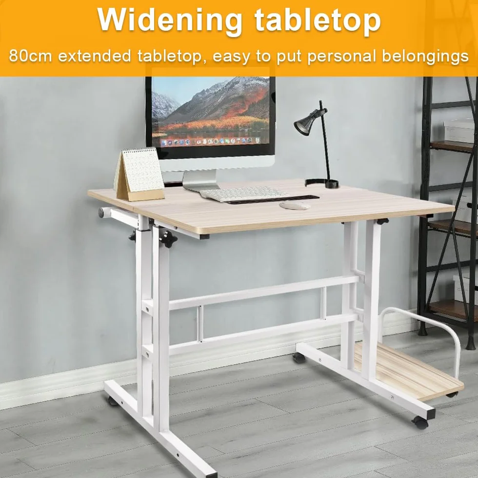 Biurko komputerowe z regulacją wysokości Stół na laptopa z kółkami, mobilny stół biurkowy na komputer stacjonarny stolik na laptopa, 102 x 60 x 67-115 cm, biały klon