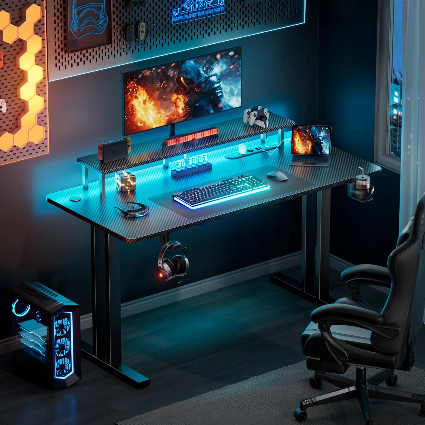 HLONONE Stół do gier LED 120 x 60 cm, Biurko gamingowe z 3 gniazdkami i 2 portami USB, stół dla graczy PC z uchwytem na monitor, stabilny stół komputerowy do gier i do biura, czarny