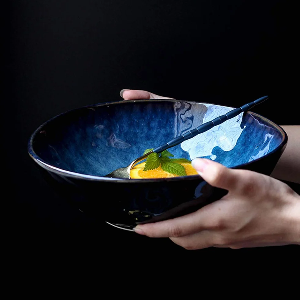 Niebieska ceramiczna miska do sałatek, retro japoński styl miska ramen, kreatywna zastawa stołowa miska na sałatkę owocową miska na zupę L