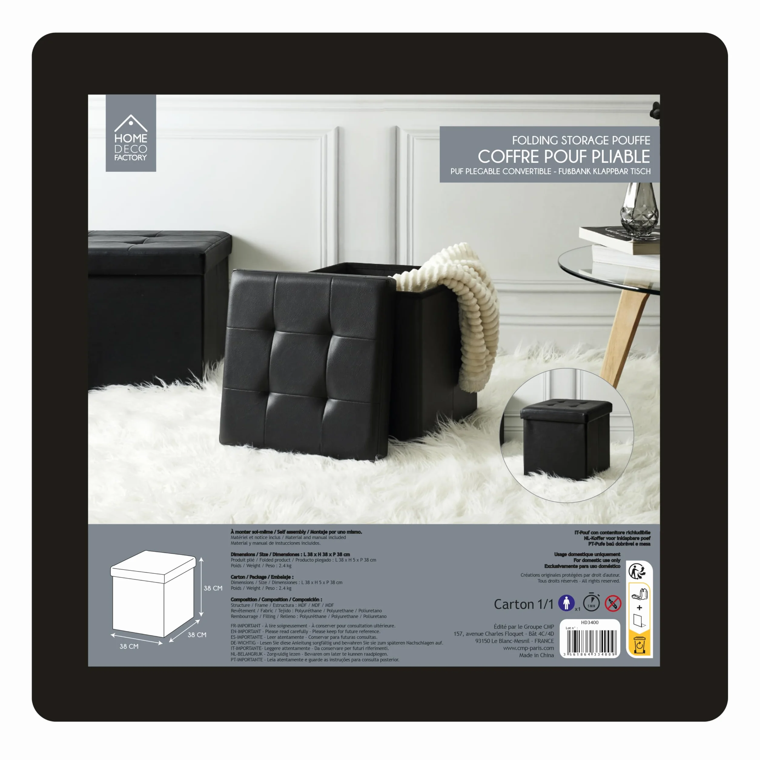 The Home Deco Factory HD3400 worek do siedzenia, składany, czarny, 37,5 x 37,5 x 37,5 cm