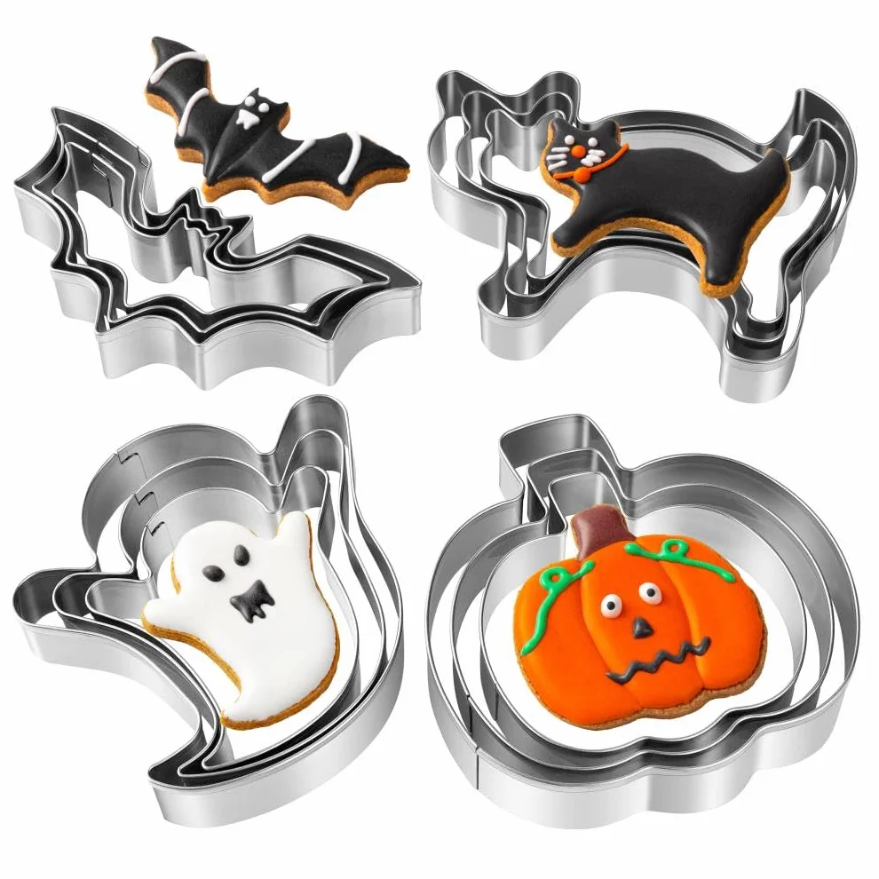 Zestaw foremek do ciastek na Halloween, 12 sztuk foremek do ciastek ze stali nierdzewnej, kształty, dynia, duch, nietoperz i kot, do dekoracji na Halloween, jedzenie, przyjęcie