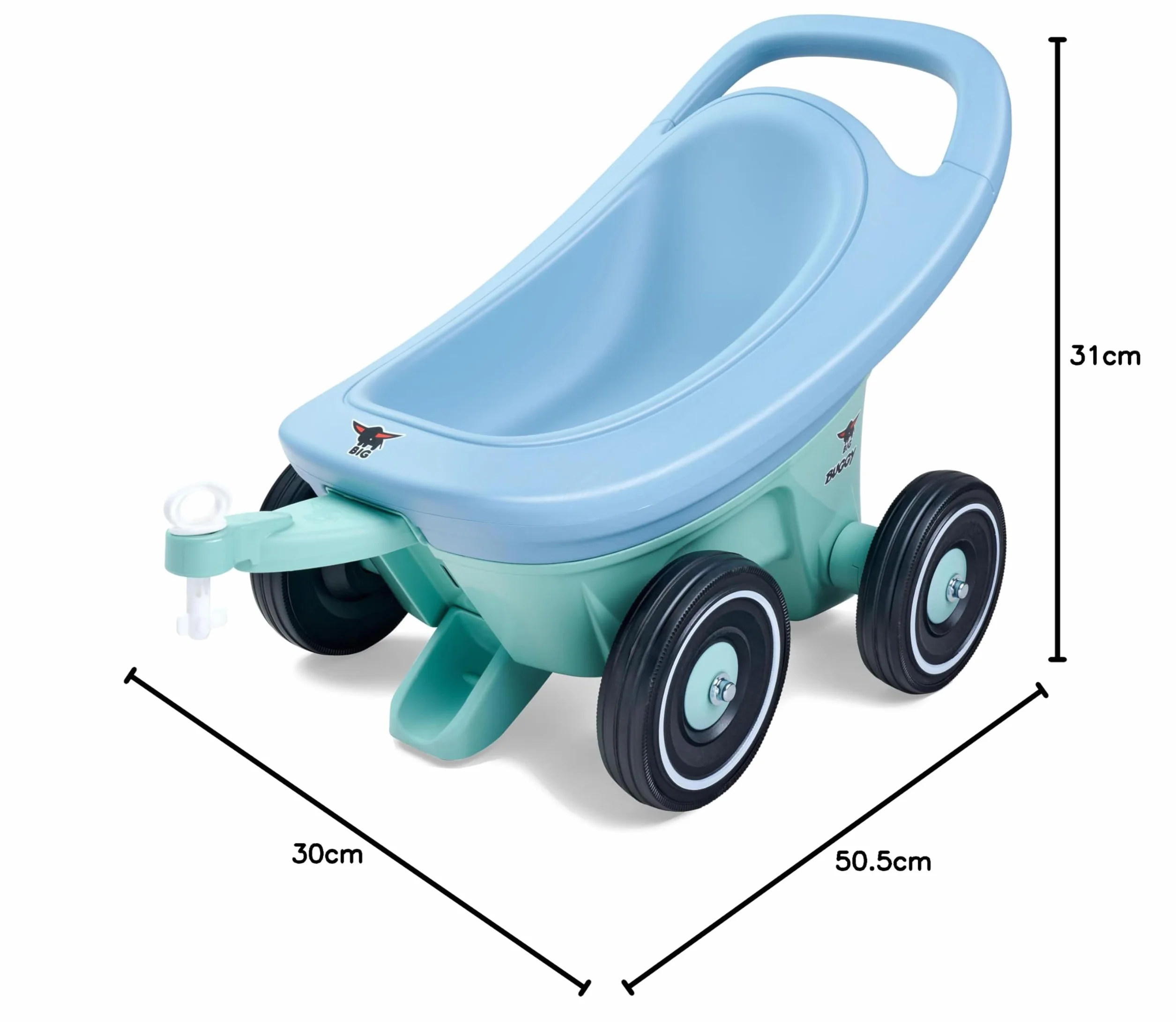 Big Buggy 3 w 1 wózek do nauki chodzenia z regulowaną funkcją hamowania, przyczepa, w zestawie 4 kółka szeptane, niebiesko-turkusowy Big Buggy, dla dzieci od 1 roku życia