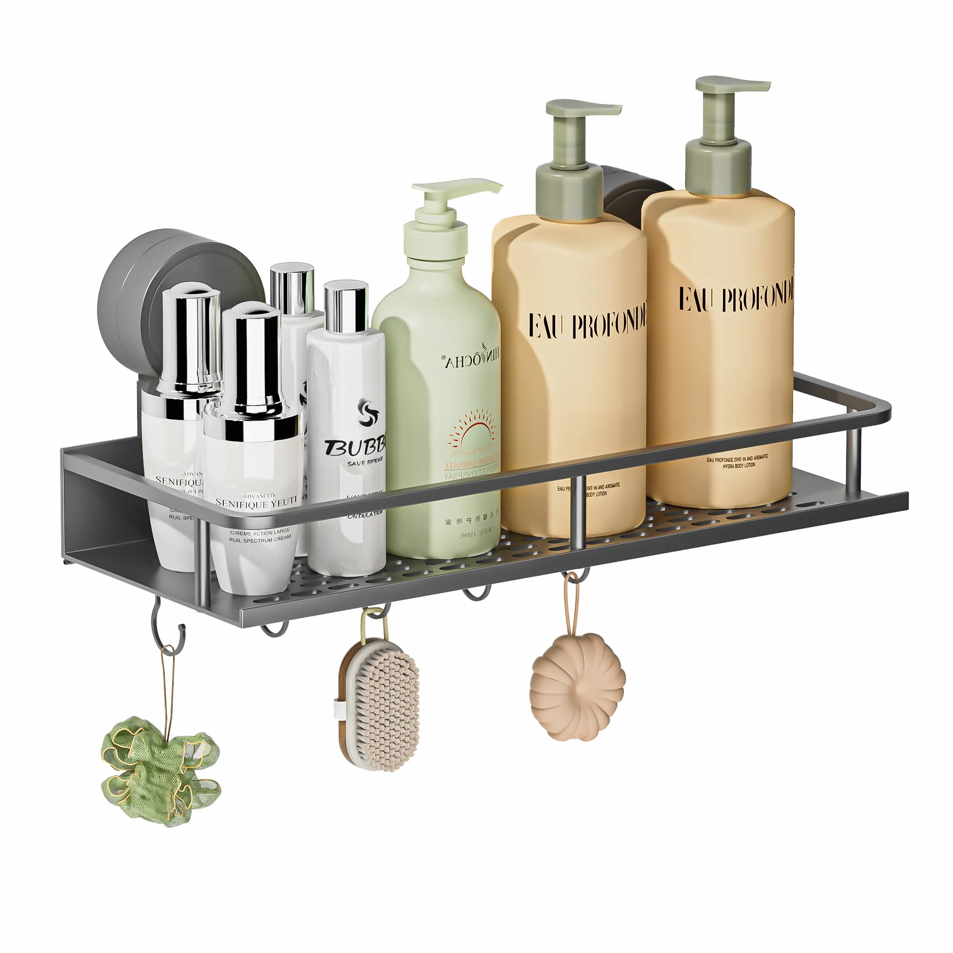 Wisfame Półka prysznicowa z przyssawką, bez wiercenia, duża pojemność, aluminiowy organizer łazienkowy z 5 haczykami, wodoszczelny/nierdzewny/trwały uchwyt na szampon, szary
