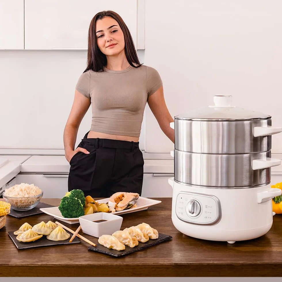 Cecotec Elektryczny parowar Vapovita Steelpot biały. Moc 1300 W, pojemnik ze stali nierdzewnej, 10 l, regulowany czas, automatyczne wyłączanie, łatwe czyszczenie, specjalna pokrywka, zdrowe gotowanie