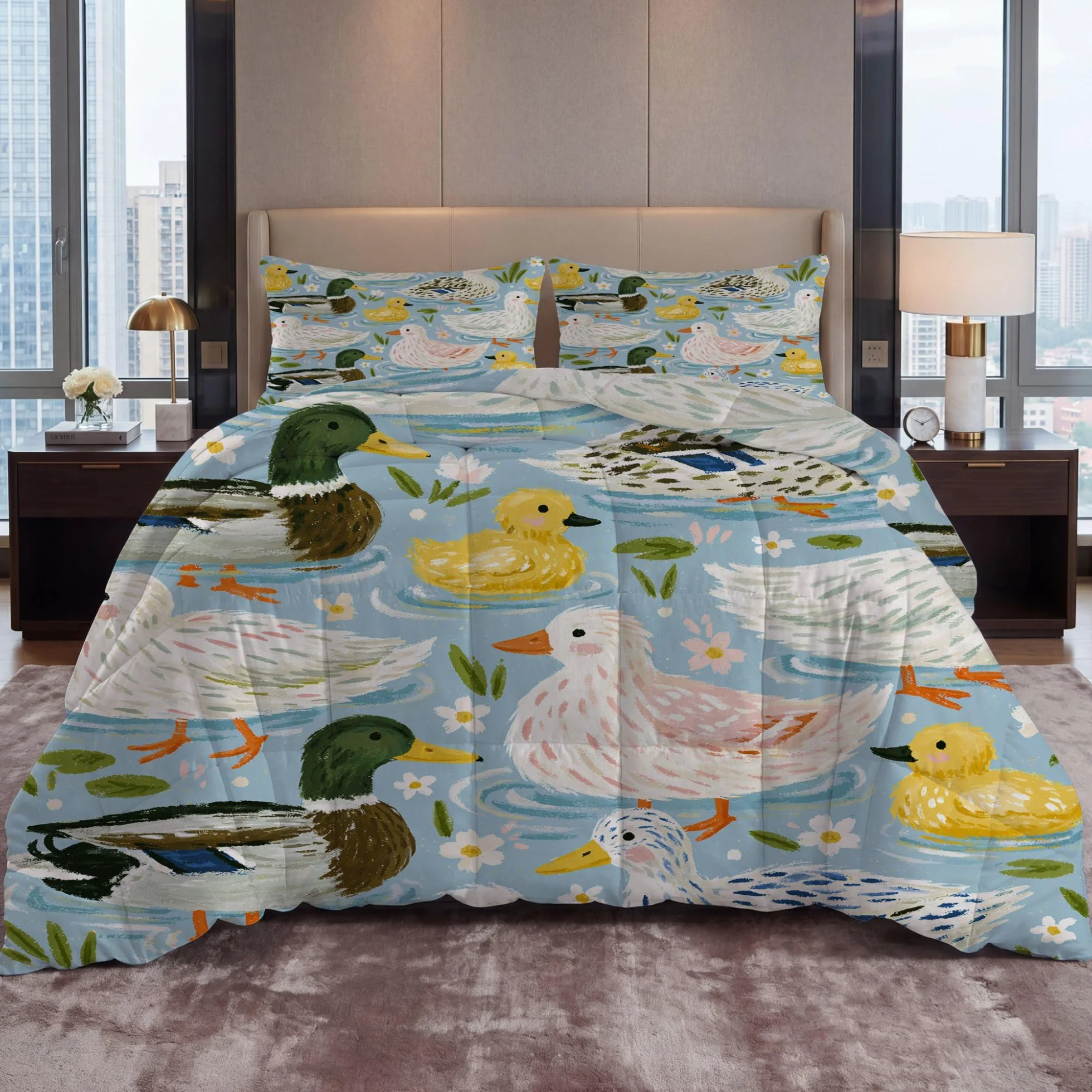 Duckling rustykalna kaczątko lilia wodna bez poszewki na kołdrę King (230 x 220 cm) 4,5 Tog, letnia kołdra z nadrukiem, dwustronna, lekka pościel z 2 poszewkami na poduszki (50 x 75 cm), niebieska