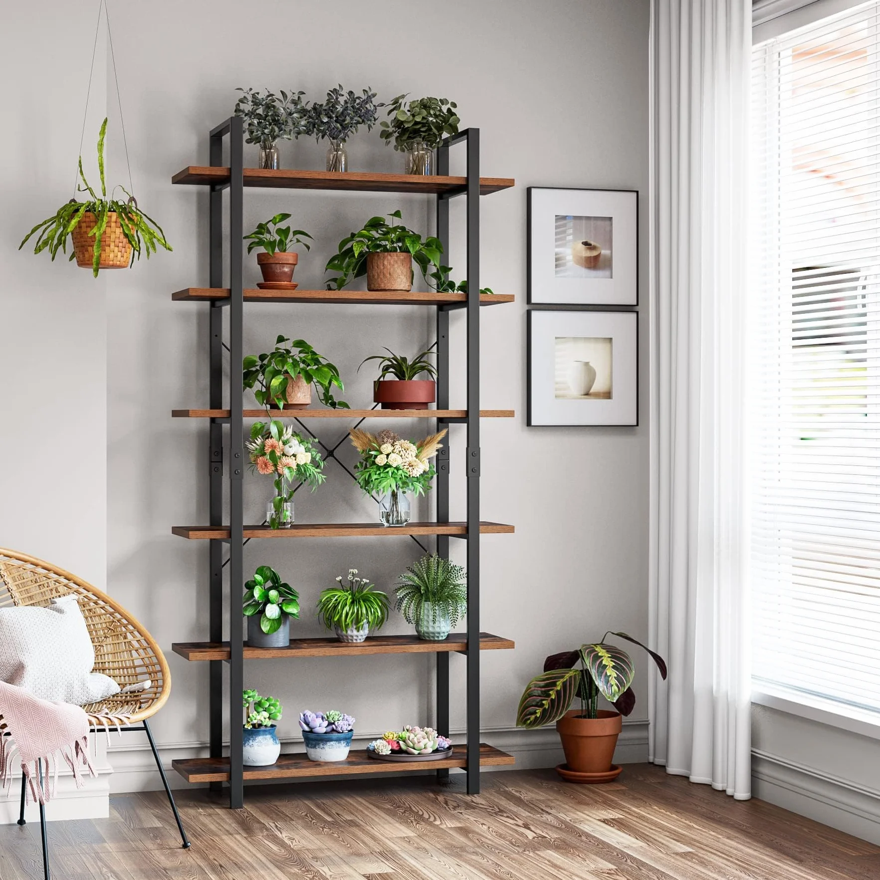 FirFurd Regał na książki, stojący regał z 6 poziomami, Regał do salonu, industrialny, Regał do przechowywania, drewna i metalu, 105,2 x 33 x 210,5cm