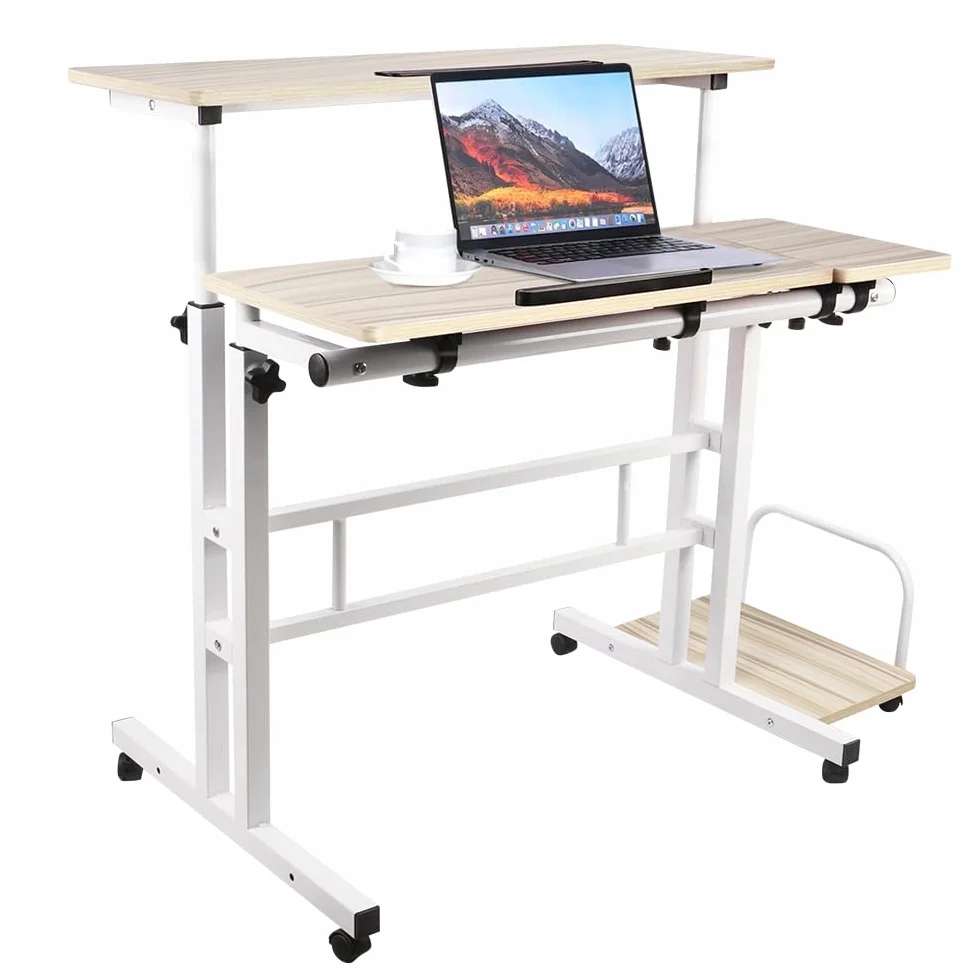 Biurko komputerowe z regulacją wysokości Stół na laptopa z kółkami, mobilny stół biurkowy na komputer stacjonarny stolik na laptopa, 102 x 60 x 67-115 cm, biały klon