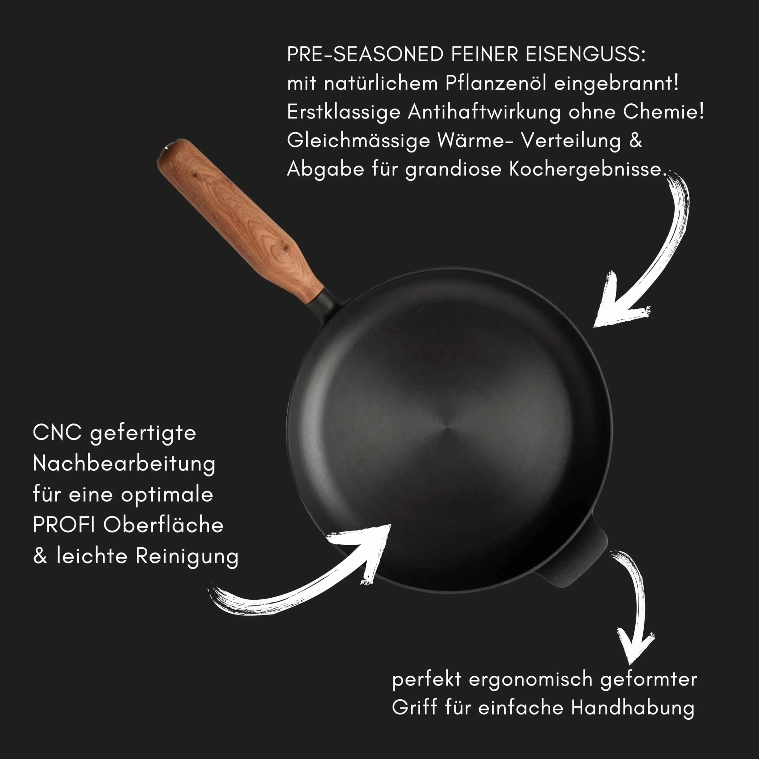 JAXX ROADHOUSE Die Patelnia do smażenia – doskonała premium żeliwna patelnia indukcyjna 26 cm, ręcznie wykonany drewniany uchwyt, wszystkie rodzaje kuchenek, wstępnie wypalana (drewno orzechowe)