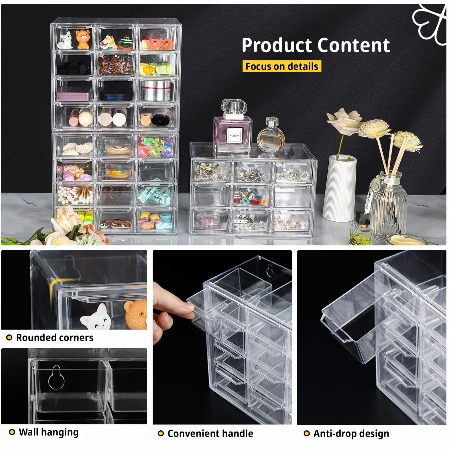 2 szt. Przezroczysty mini organizer szuflad małe szuflady do przechowywania do układania w stosy pudełko do przechowywania na biurko do makijażu, biżuteria, materiały biurowe i rzemieślnicze