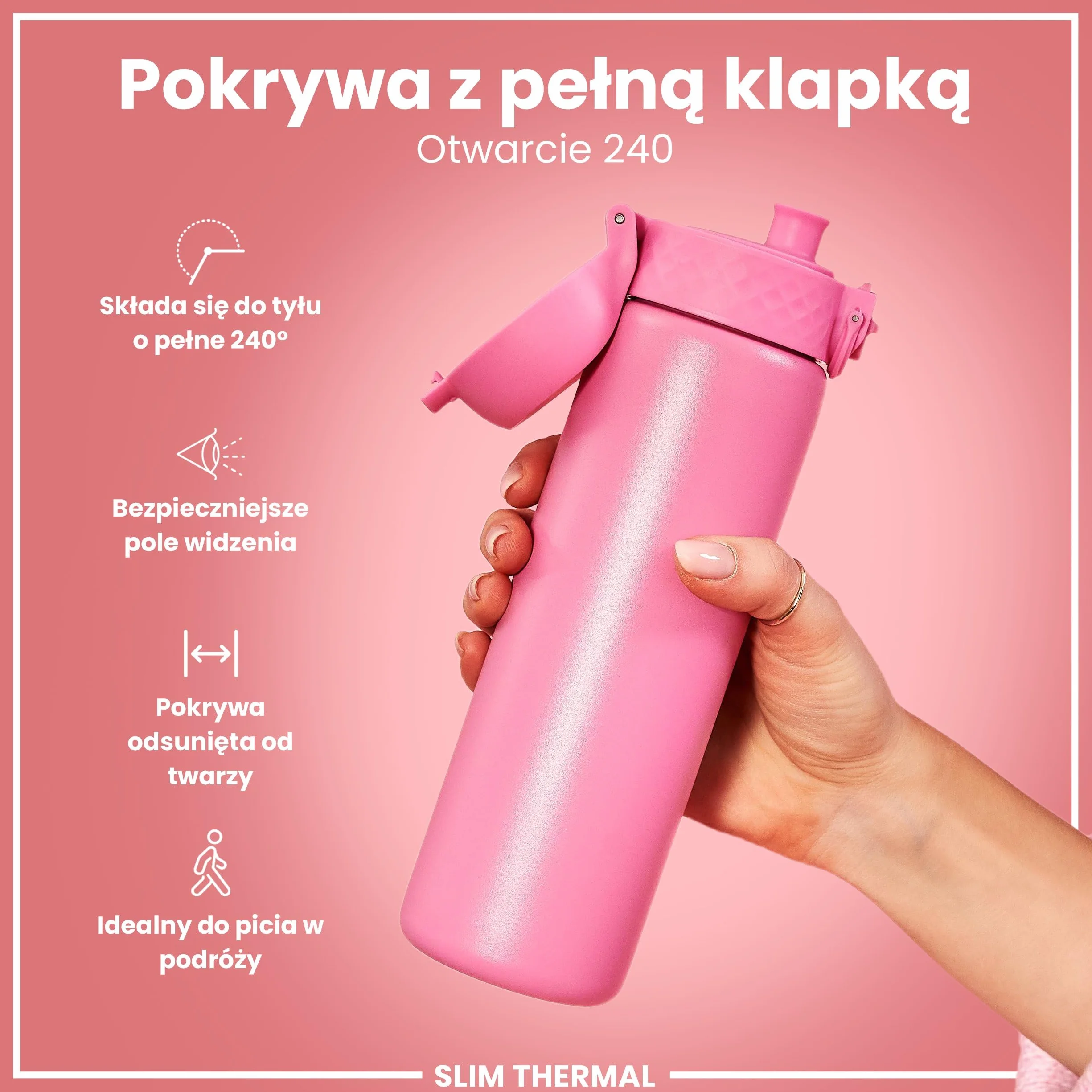 ION8 Termoizolowana Butelka na Wodę, Stali Nierdzewnej, 500 ml/18 oz, Szczelna, Łatwa w Otwieraniu, Bezpieczny Zamek, Można Myć w Zmywarce, Uchwyt do Przenoszenia, Metalowa Butelka, Kwiat Róży
