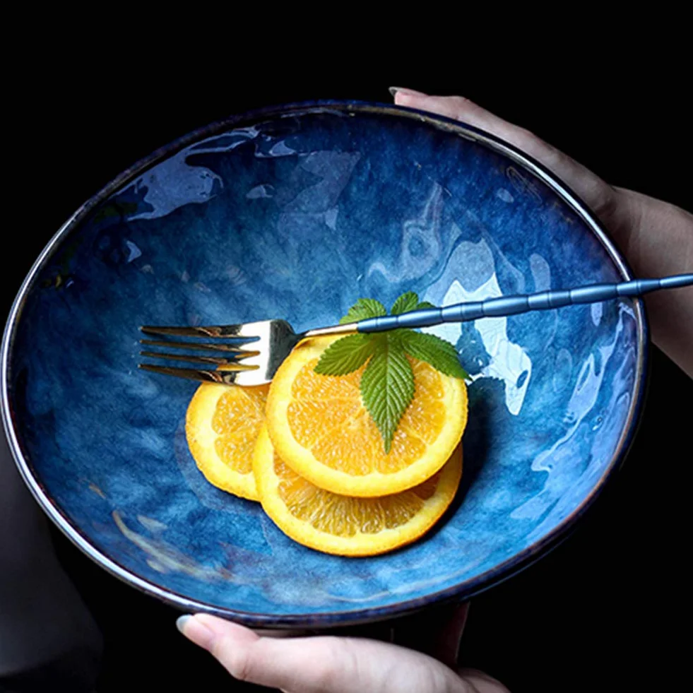 Niebieska ceramiczna miska do sałatek, retro japoński styl miska ramen, kreatywna zastawa stołowa miska na sałatkę owocową miska na zupę L