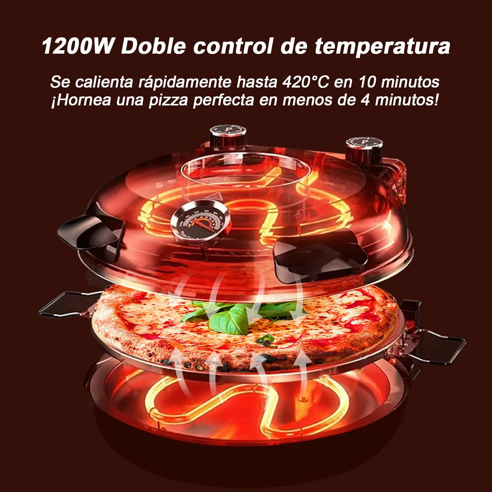 elektryczny piec do pizzy w 4 minuty, płyta ogniotrwała 32 cm, 1200 W, 5 trybów pracy, maks. temperatura 420°C