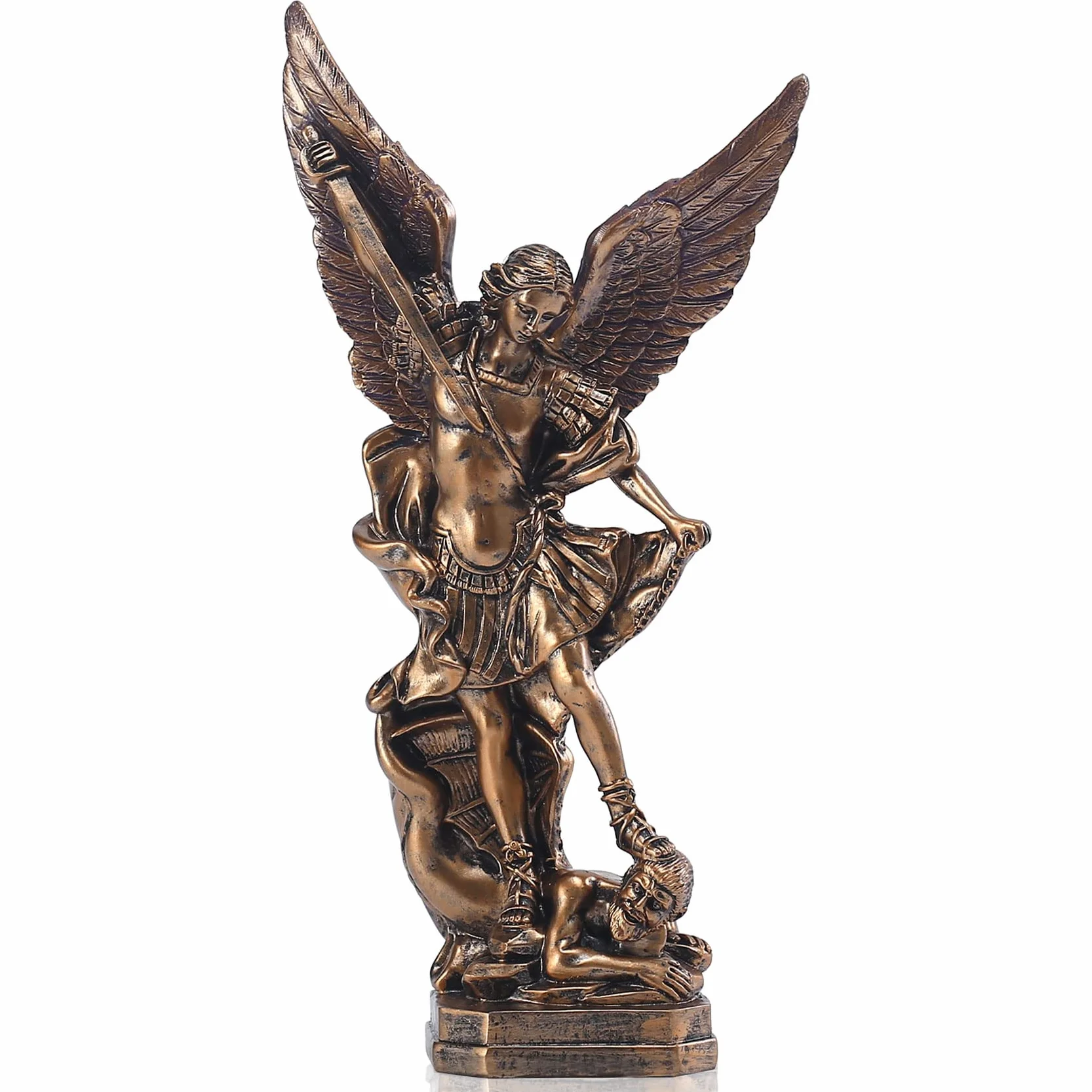 QIANLING 31,8 cm San Miguel Statuetka Archanioła, Statua św. Michała z żywicy pokrytej brązem, Święty Michał Archanioł zwycięstwo nad kolekcją szatana, nadaje się do kolekcji lub dekoracji