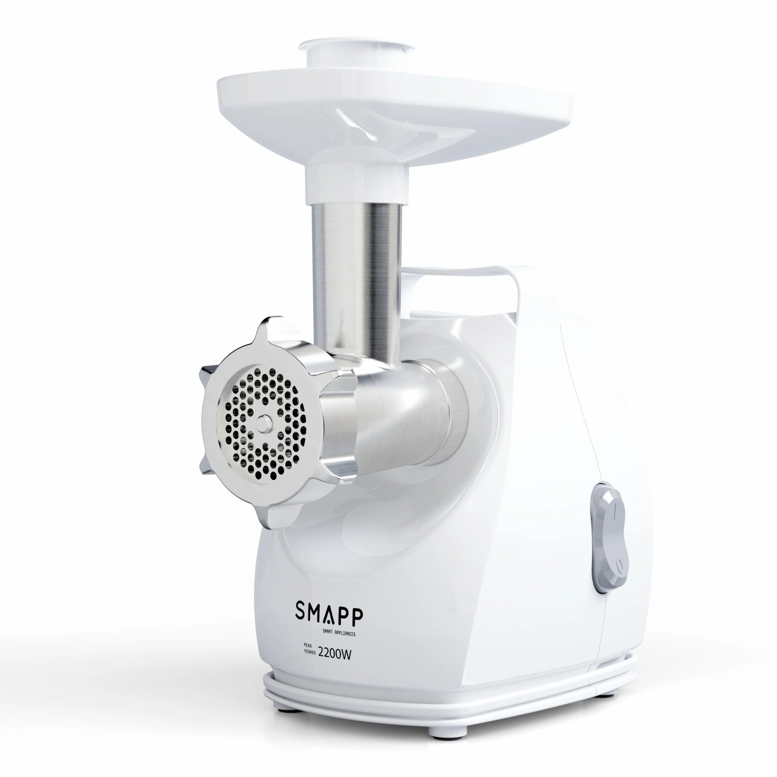 SMAPP Elektryczna maszynka do mięsa 490.8 – moc 2200 W, 3 tarcze perforowane ze stali nierdzewnej (2,7 mm, 4 mm, 8 mm), nasadka do kiełbasy, cicha i kompaktowa, antypoślizgowe nóżki