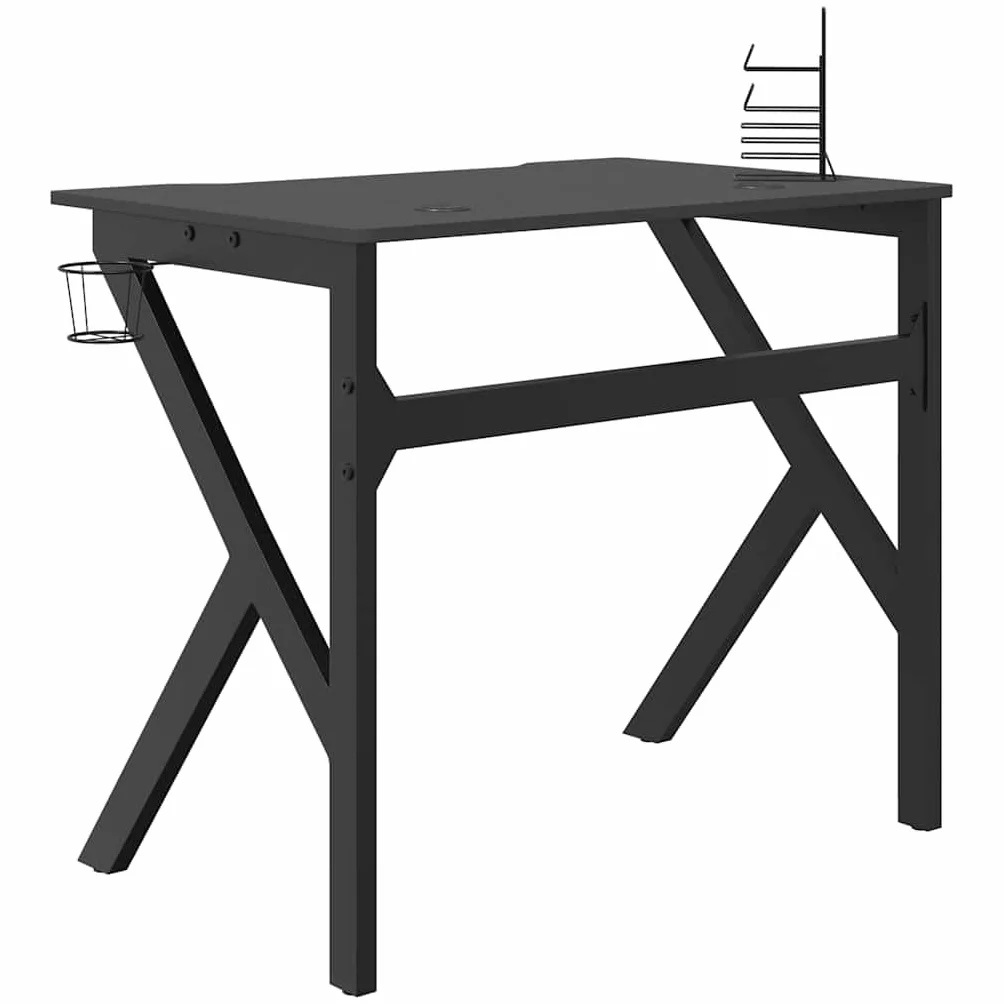 Hothingwell Biurko do gier z nogami w kształcie litery K, czarne, 90x60x75 cm | Zintegrowany uchwyt na słuchawki, uchwyt na kubek, drewno inżynieryjne, ergonomiczna konstrukcja do gier