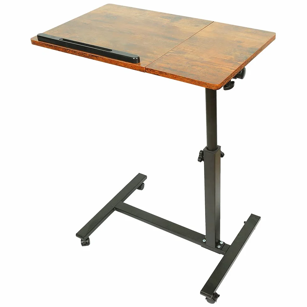 HUOLE Stolik na laptopa z regulacją wysokości z 4 kółkami obrotowymi, biurko na laptopa z automatyczną dźwignią do sypialni, biura, 60 x 34,5 x 58-90 cm (brązowy)