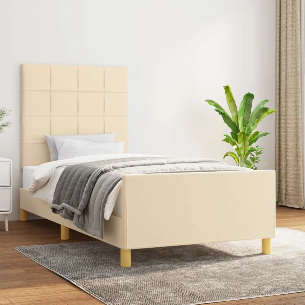 Tkanina z regulowanym zagłówkiem do sypialni klasyczny 80x200 cm Kremowy | Rama łóżka bez materaca Kremowa 80x200 cm Tkanina z regulowanym zagłówkiem oddychająca i trwała