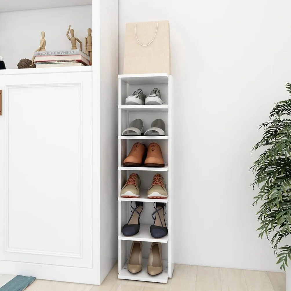 Szafka na buty, biała, 27,5 x 27 x 102 cm, materiał drewnopochodny z 6 półkami, organizer do przechowywania, regał na buty, komoda