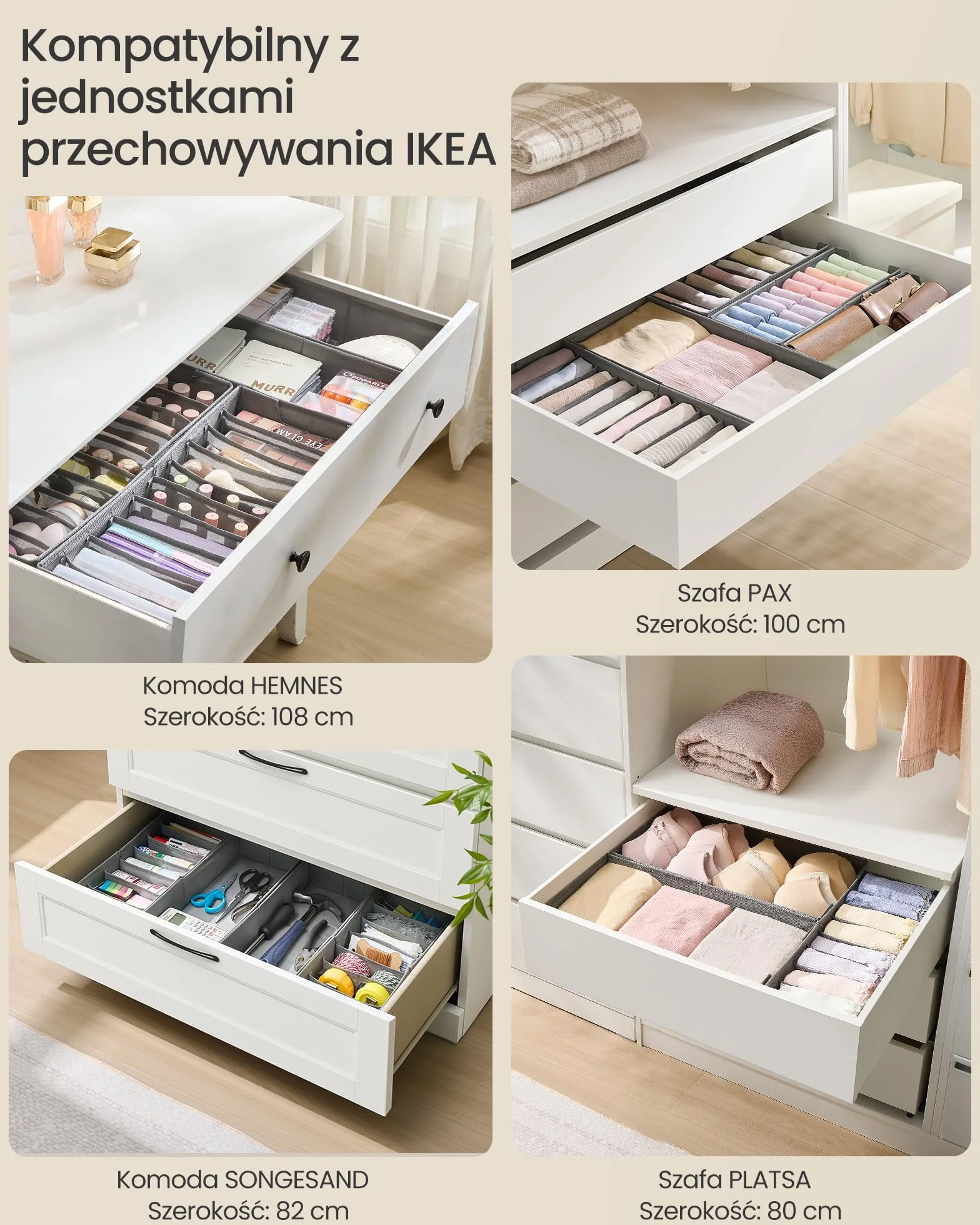 SONGMICS Zestaw 4 organizerów na bieliznę, organizer do szuflady do komód IKEA HEMNES i MALM, z przegródkami, składany organizer do szafy, 40 x 16 x 10 cm na skarpetki, gołębi szary RUS014G01