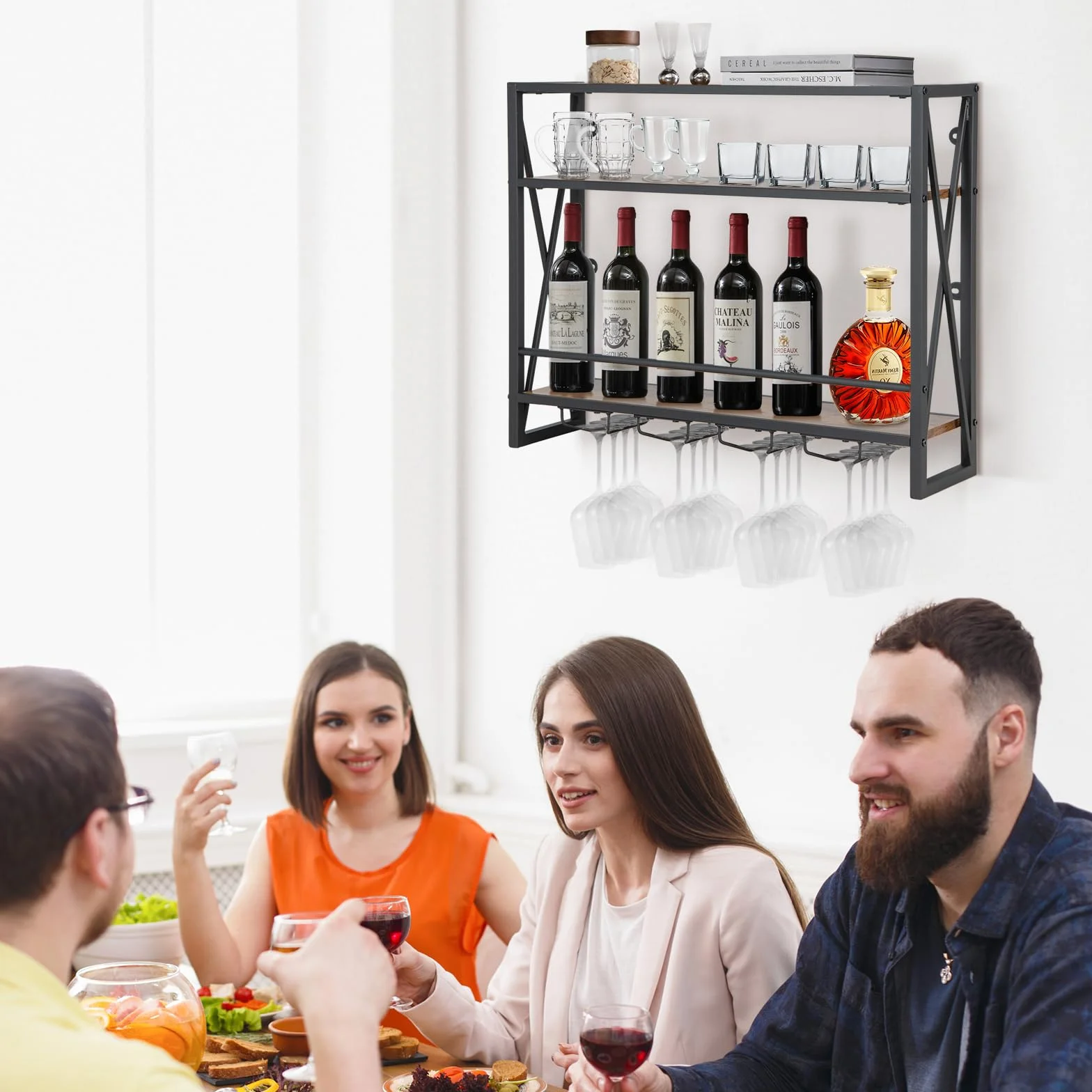 COSTWAY Regał ścienny na wino, 3 poziomy, z metalową ramą, 4 uchwytów na kieliszki, wzornictwo przemysłowe, idealny do domu, baru, kuchni, restauracji
