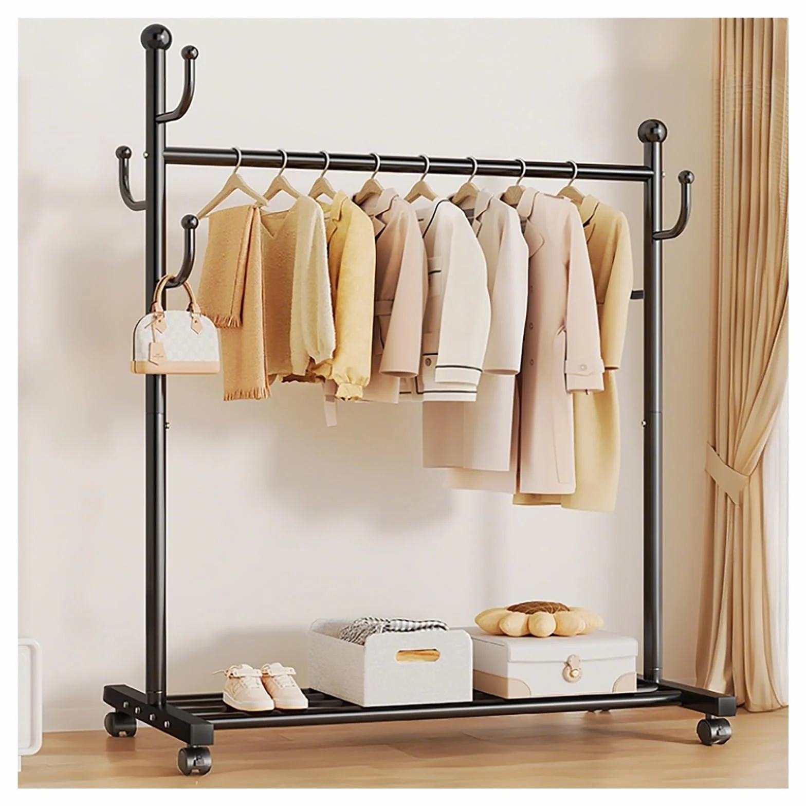 Czarny wieszak na ubrania z półką do przechowywania metalowy wieszak na ubrania do sypialni pralni spacer w szafie lub biurze 60 cm 23,6 cala przenośna odzież nizer