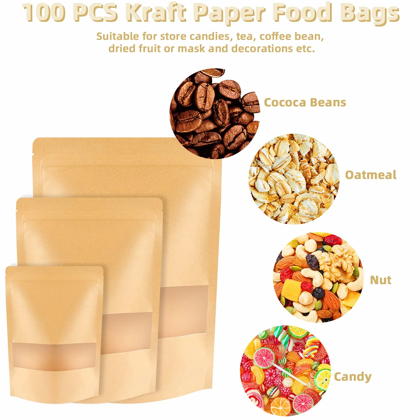100 szt. Kraft Stand Up Pouches – 18 x 25 cm zamykane torby do przechowywania żywności z matowym okienkiem do pakowania