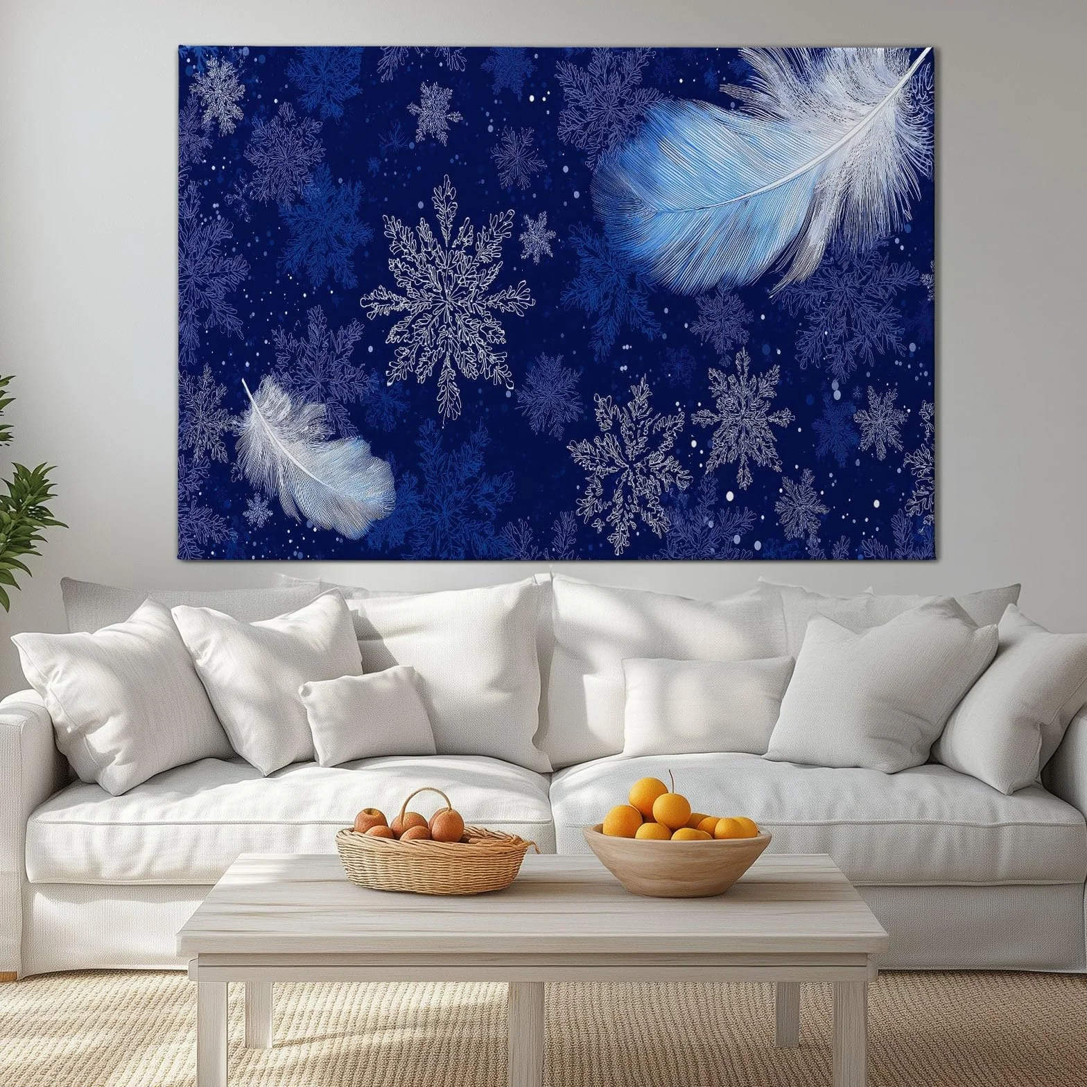 Générique Obraz na płótnie z ramką niebieskie pióra płatki śniegu 90 x 60 cm obraz do dekoracji ścian, obraz ścienny do salonu sypialnia łazienka dom, obraz dekoracyjny