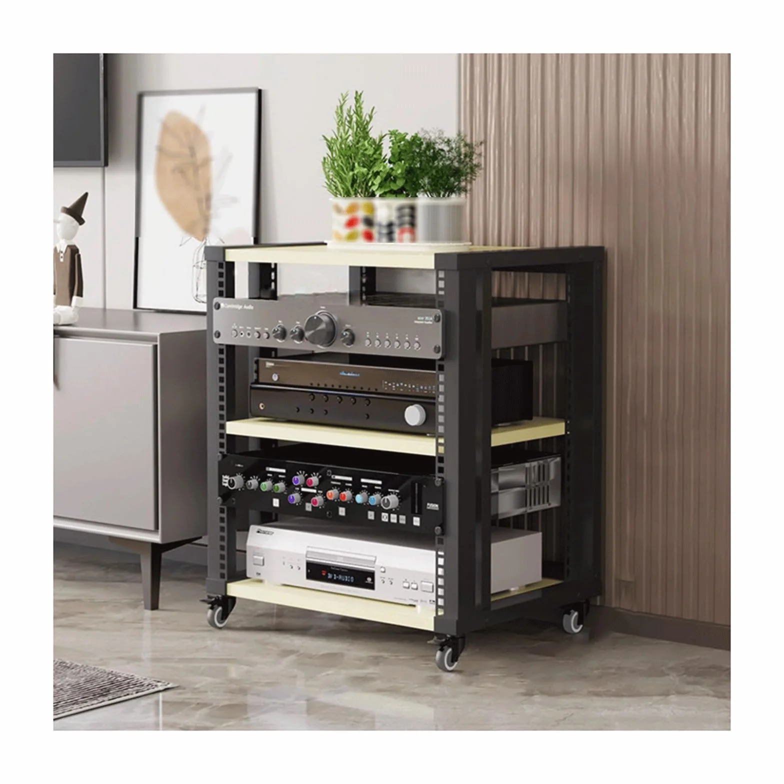 stojak audio stojak drewniany stojak na media audio wideo z regulowanymi półkami wielofunkcyjny gramofon stojak otwarty szafka stereo do domu salonu, naturalne 3 poziomy