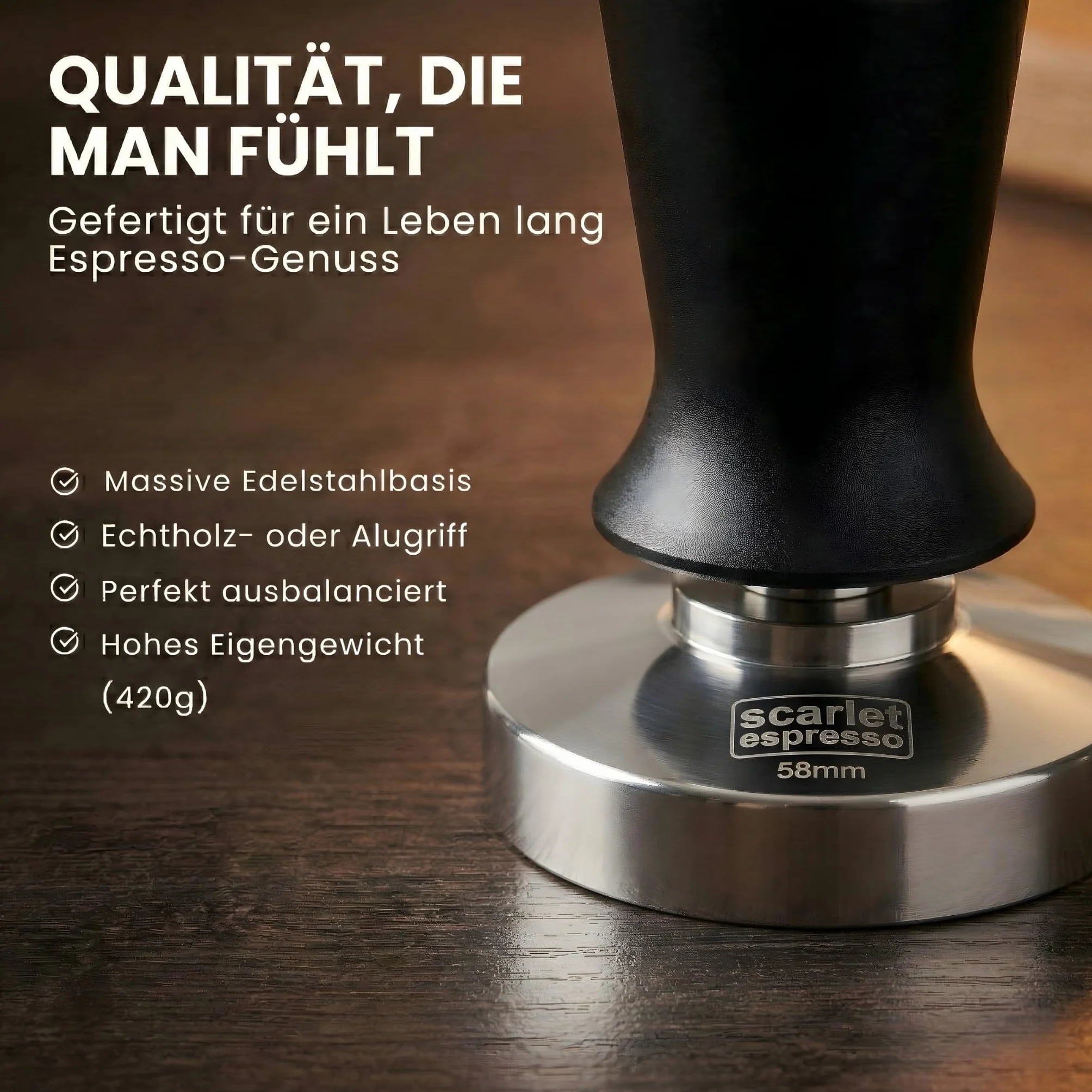 scarlet espresso | Tamper „Perfetto” dla baristy; skalibrowany na 15,88 kg (35 lbs) siłę nacisku; z uchwytem z aluminium lub szlachetnego drewna i precyzyjną podstawą ze stali nierdzewnej (57 mm)