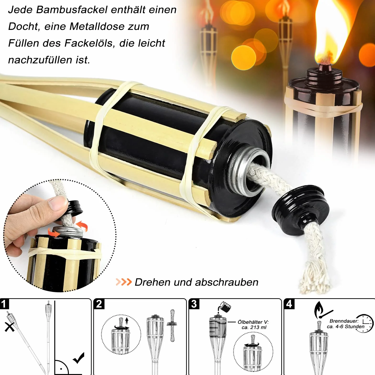 YUENFONG Pochodnie ogrodowe, 12 sztuk, bambusowe pochodnie, pochodnie olejowe, z knotem, dekoracja, na imprezę, spotkanie, wesele, naturalny kolor