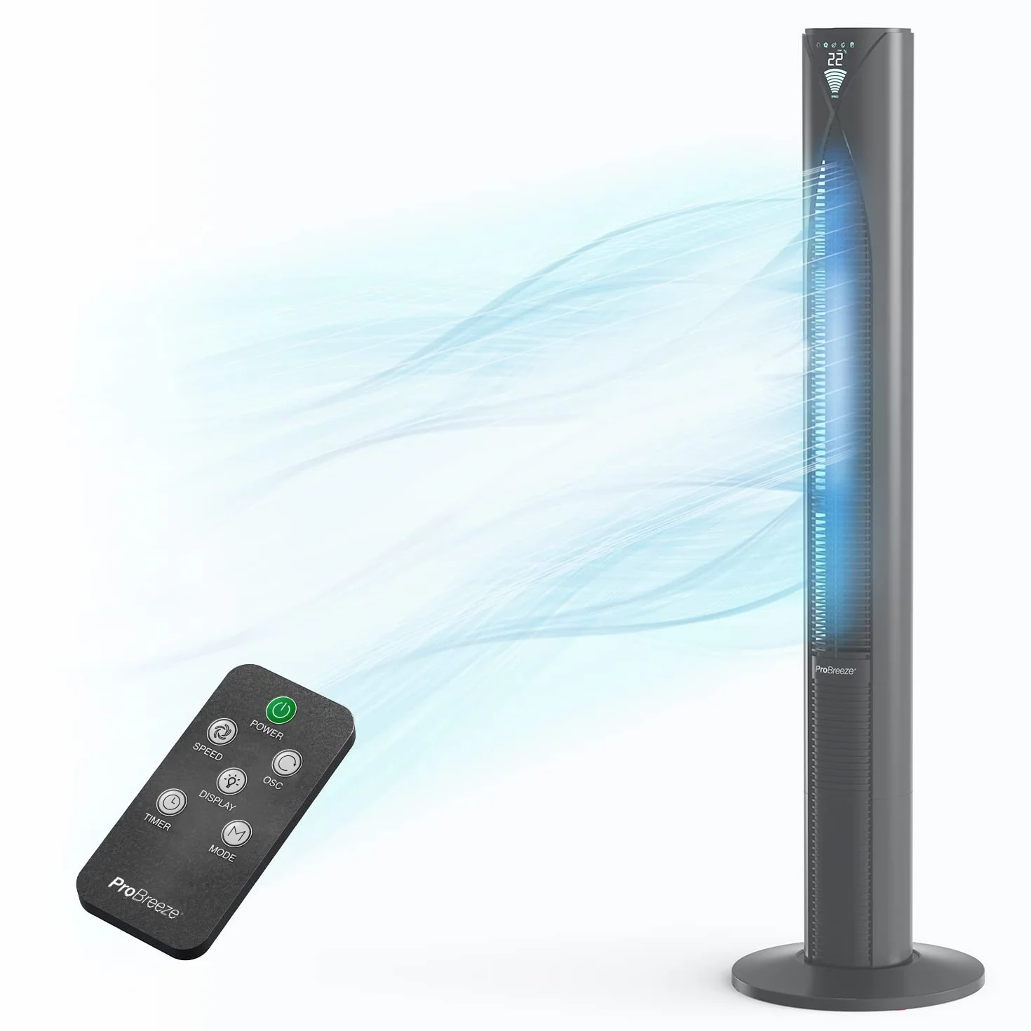 Pro Breeze Cichy Wentylator Kolumnowy z Pilotem Zdalnego Sterowania, Wieżowy Stojący Podłogowy, 45W, Wysokość 117 cm, Bezśmigłowy Bezłopatkowy Chłodzący, Automatyczna Oscylacja 70°, 12h Timer, Czarny