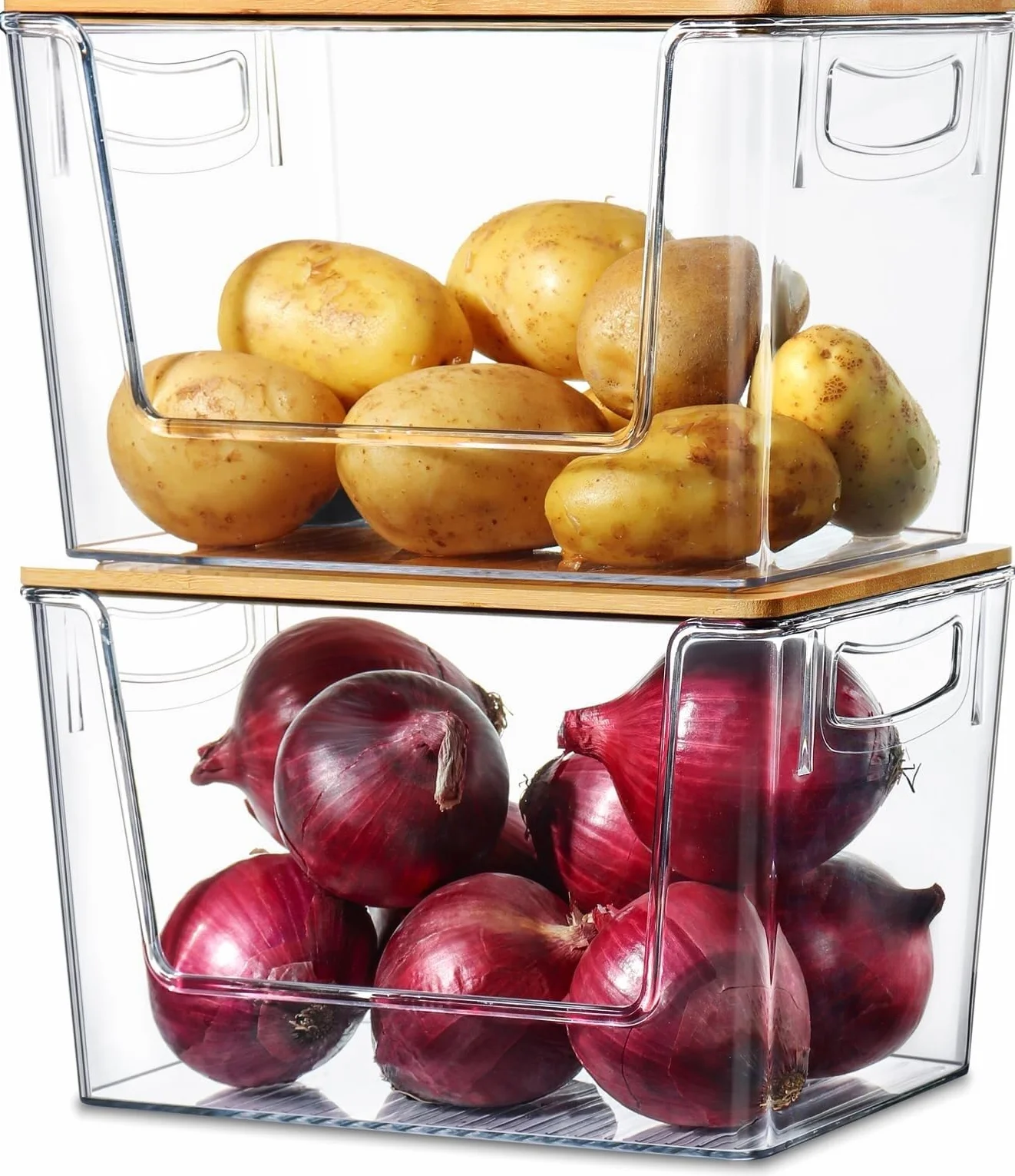 Pojemniki do przechowywania do układania w stos z bambusowym blatem - organizer na blat kuchenny kosz na owoce, warzywa, rozwiązanie do przechowywania spiżarni (cebula, ziemniaki) - 2 zestawy
