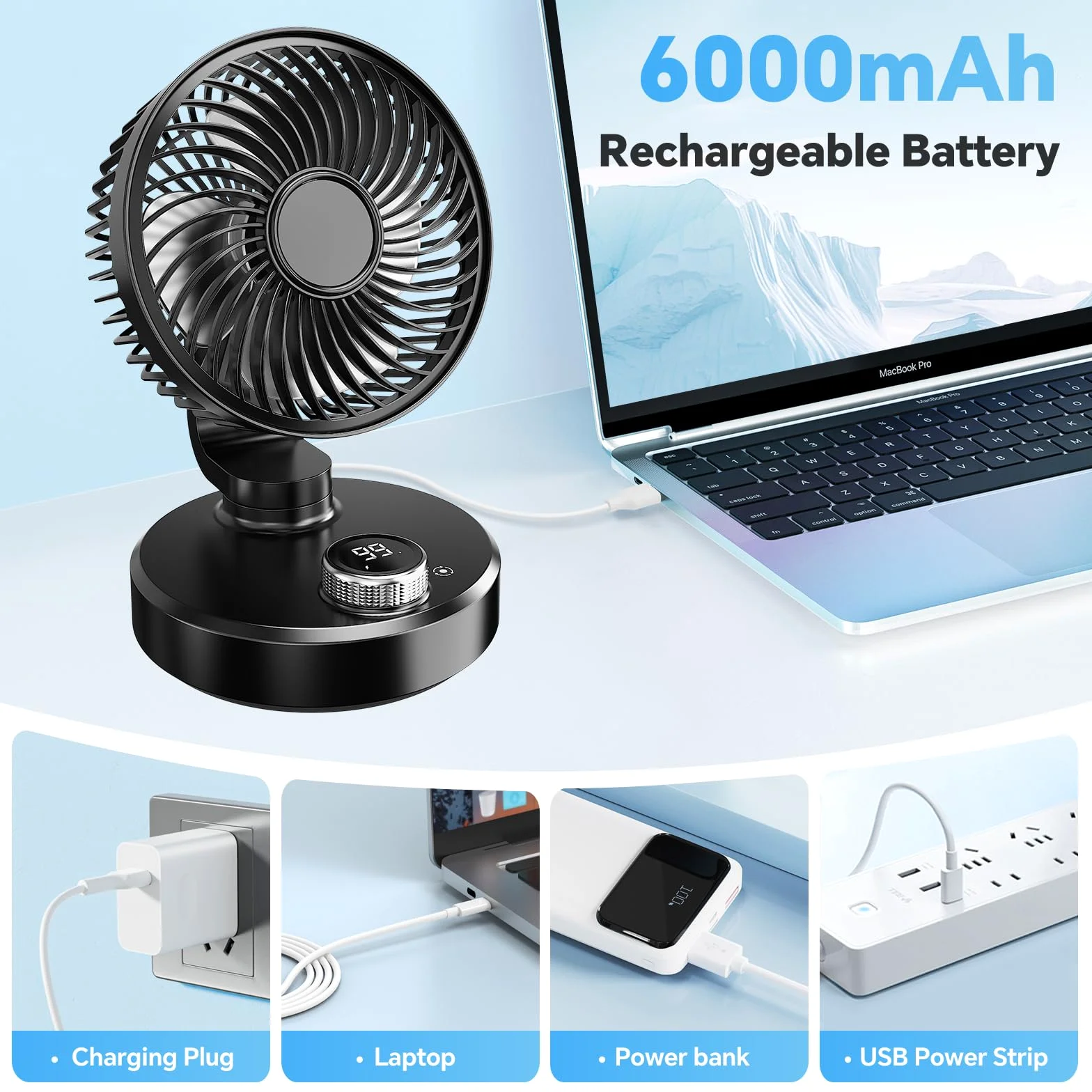 Wentylator biurkowy, mały, cichy przenośny wentylator z wyświetlaczem LCD 6000 mAh, akumulator, 6 prędkości, mini USB wentylator stołowy do biura domowego na kemping (czarny)