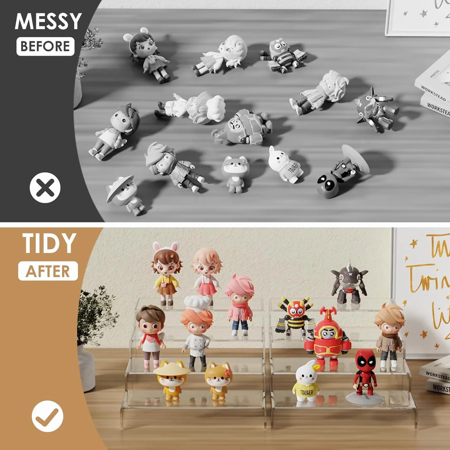KAHEIGN 8 sztuk dużych akrylowych podkładek, 2 zestawy 4-poziomowego przezroczystego organizera na półce do wystawiania na biurko, stojak do perfum, babeczek, deserów, żywności, kosmetyków, kremów