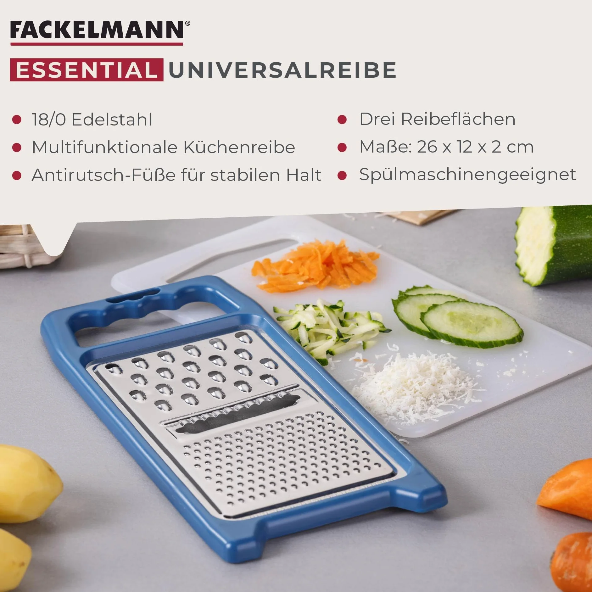 Fackelmann Uniwersalna tarka Essential – wielofunkcyjna tarka kuchenna z 3 powierzchniami tarcia, szatkowanie i tarcie, stal nierdzewna, nóżki antypoślizgowe,