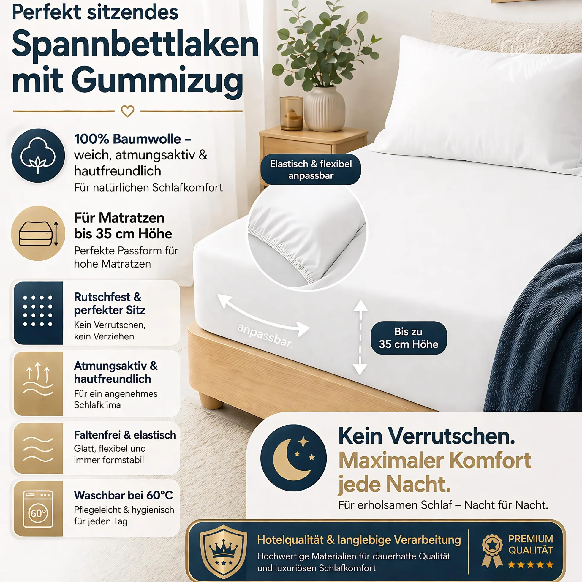 Cloud Pillow Prześcieradło z gumką 160x200cm – idealne na wysokie materace | 100% bawełna, elastyczna gumka wokół, komfort na co dzień, na materace do 35 cm, 160 g/m², OEKO-TEX Standard 100