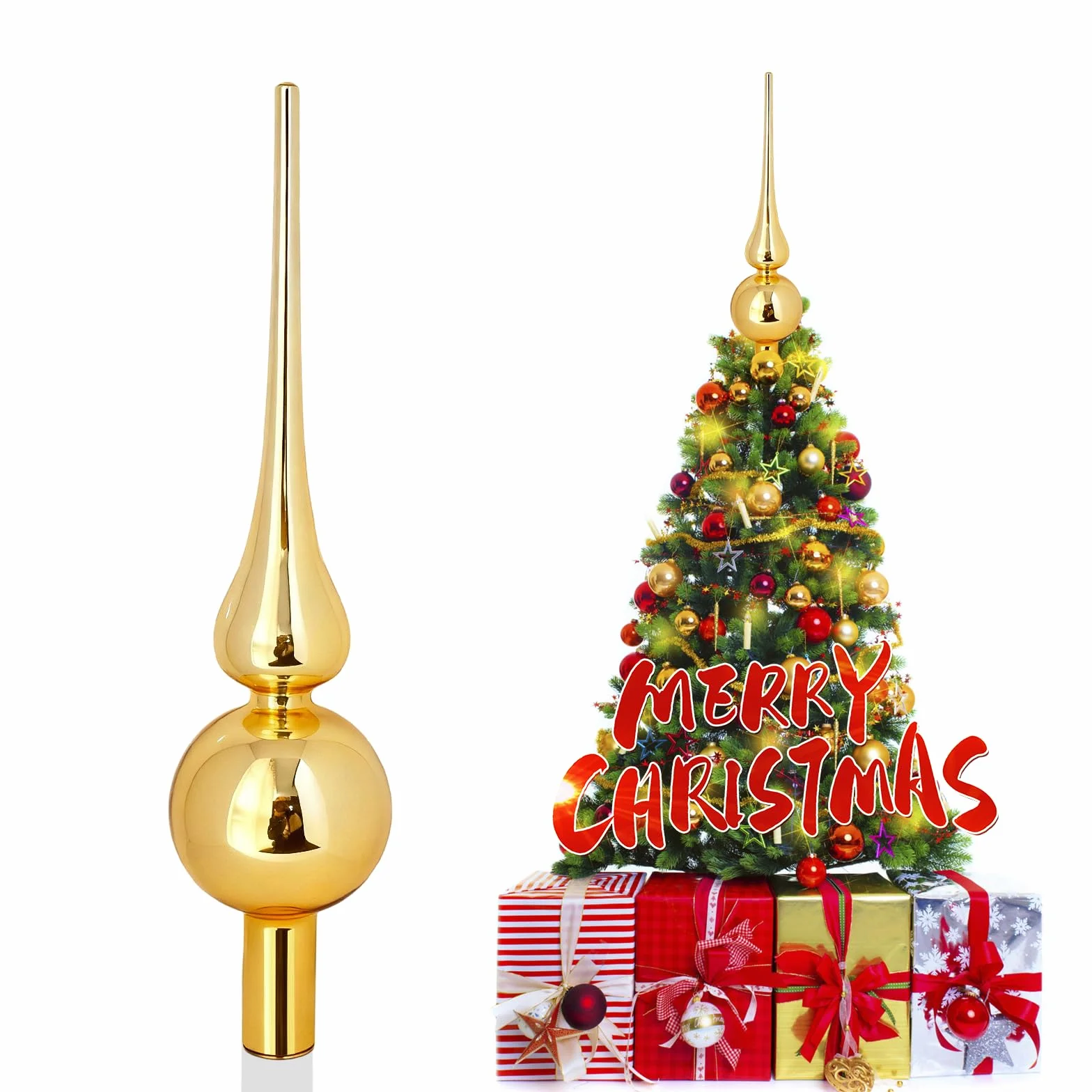 Szpic na choinkę ze szkła, matowy szpic na choinkę, złoty 26 cm, ozdoba choinkowa szpic, czubek choinki na Boże Narodzenie, szpic na choinkę złoty Christmas Tree Topper (Złoty błyszczący)