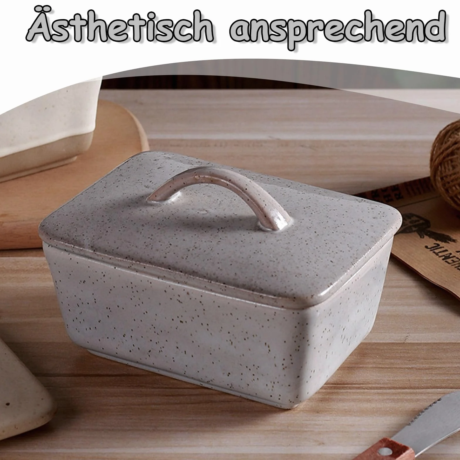 Maselniczka ceramiczna, 14,5 x 10 x 9,5 cm, porcelanowa maselniczka ze skrobakiem do masła, przechowywanie słodyczy z pokrywką, do przechowywania w restauracji, szara