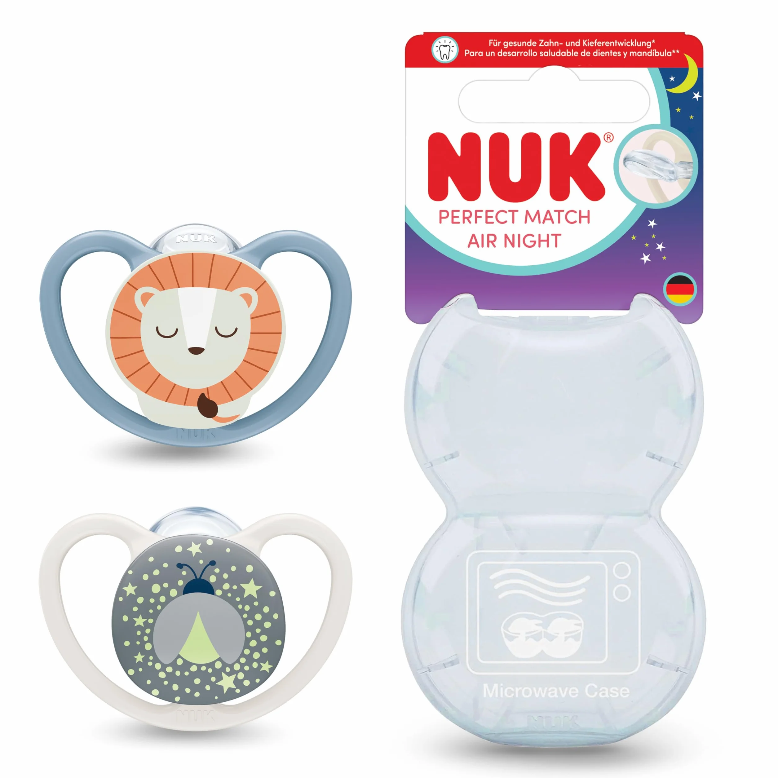 NUK Perfect Match Air Night Smoczki | 6-18 m | Światełka w ciemności, które wspomagają przepływ powietrza i zapobiegają odparzeniom od śliny | 95% akceptacji przez niemowlęta** | Lew | 2 sztuki