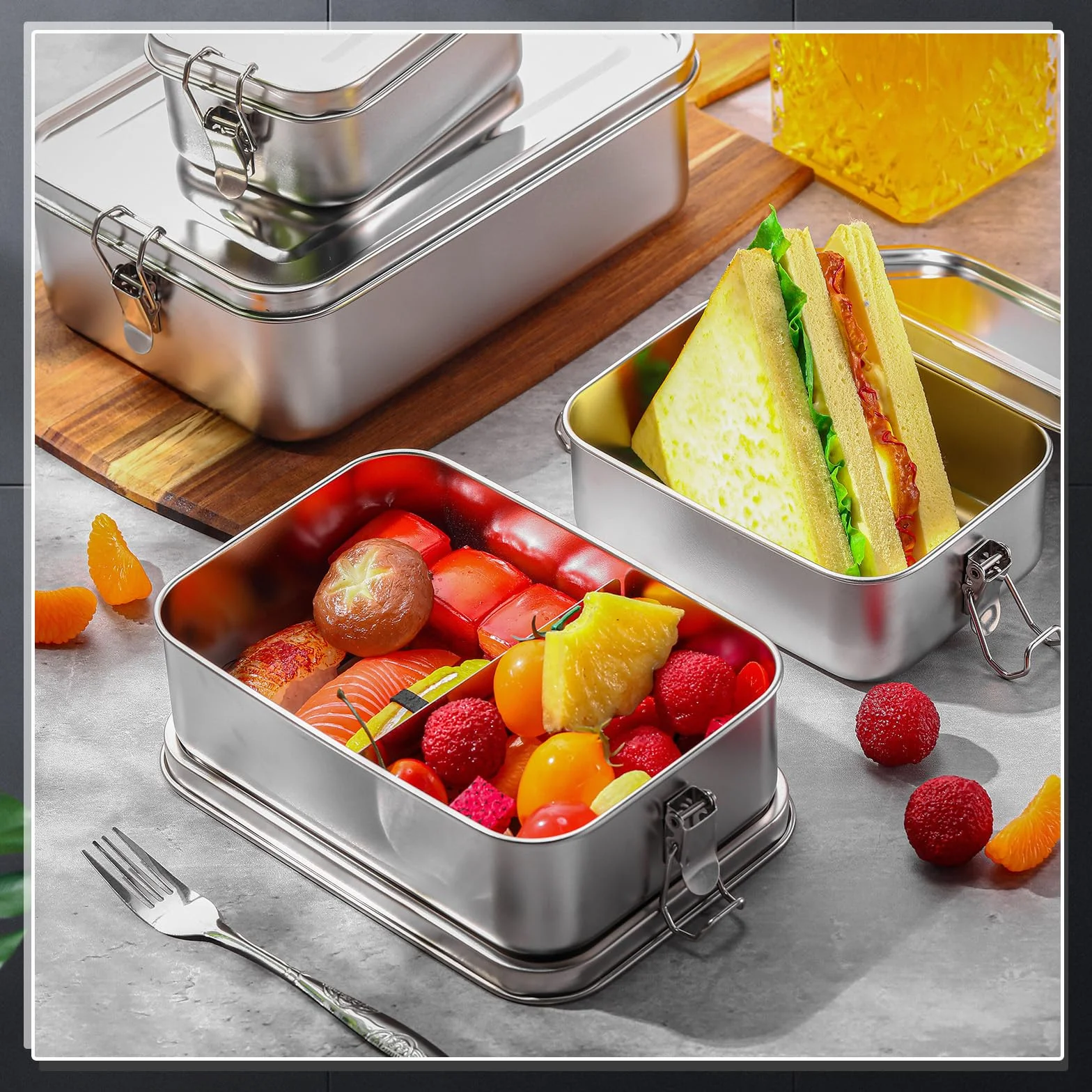 Pudełko Bento ze stali nierdzewnej, zamykane klipsy szczelne, wielokrotnego użytku, do pracy, na piknik, metalowe pudełko na lunch, pojemniki do przechowywania żywności, metalowy pojemnik na lunch, 4
