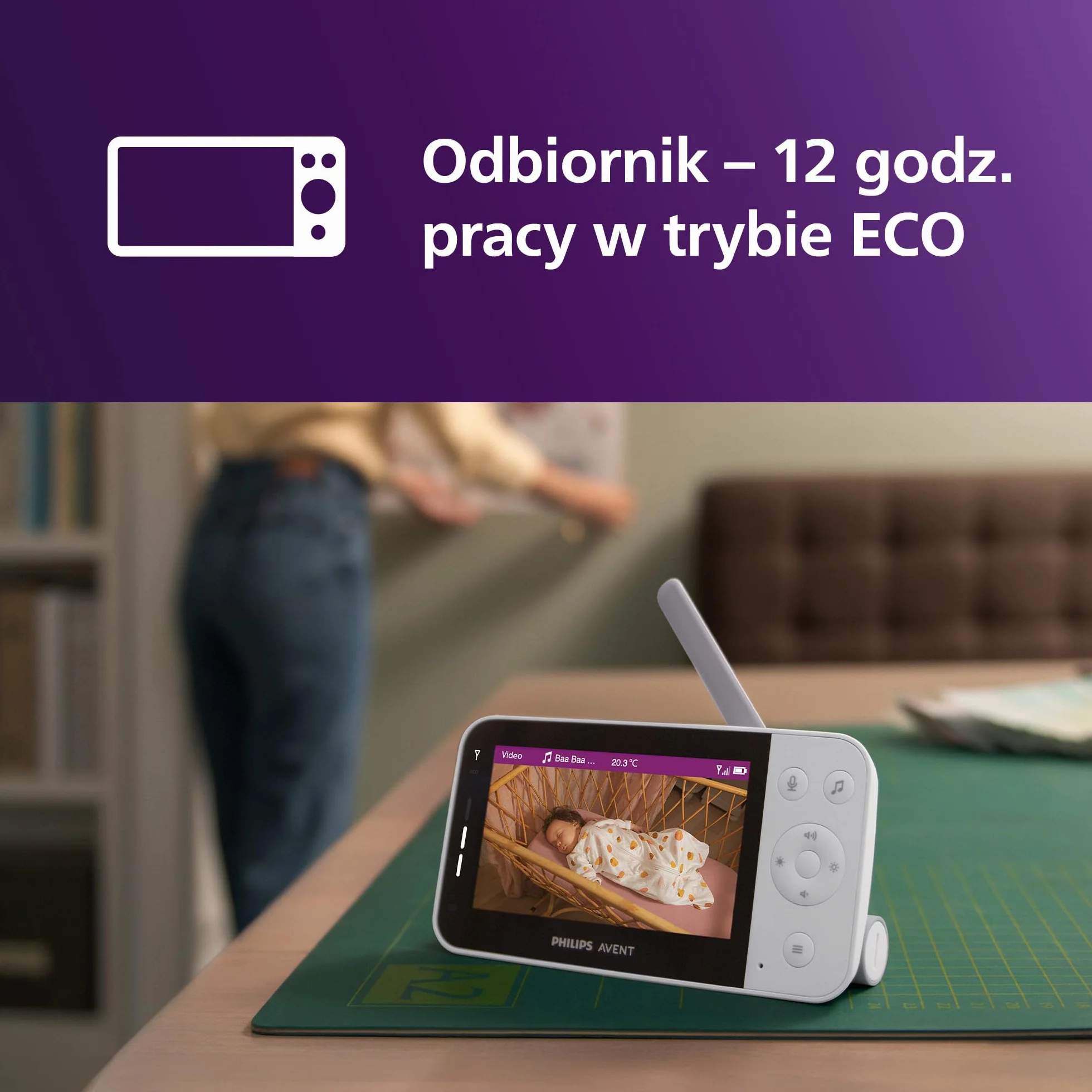 Philips AVENT Elektroniczna niania z łącznością Wi-Fi, wysokiej jakości kamerą HD, funkcją noktowizora, dwukierunkowym dźwiękiem i czasem pracy ekranu 12 godzin w trybie Eco, SCD951/26