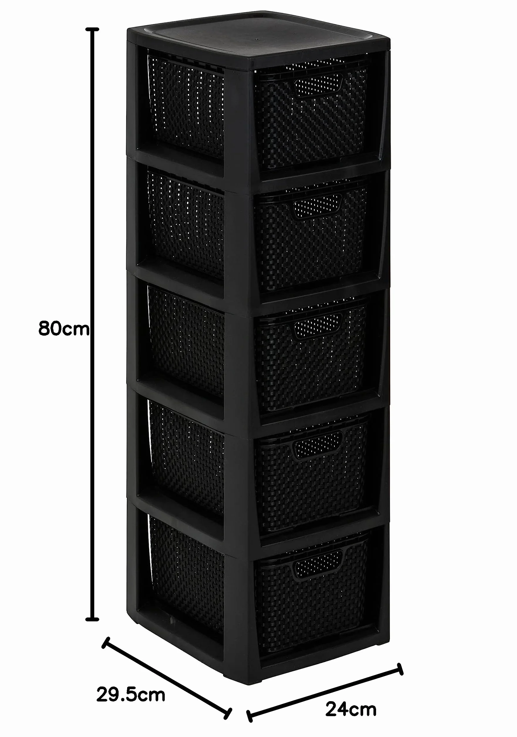 BranQ Regał rattanowy Home essential, tworzywo sztuczne PP bez BPA, czarny, 29,5 x 24 x 80 cm, 5 koszy