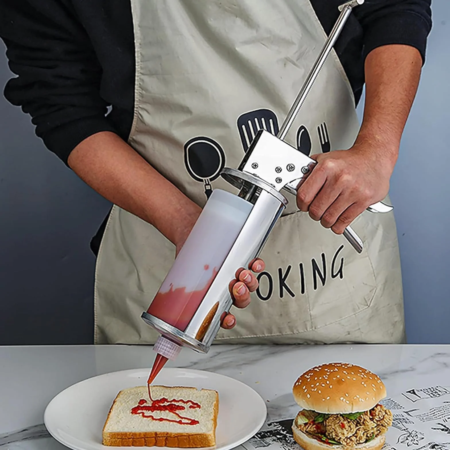Pistolet do sosu burgerowego ze stali nierdzewnej z butelką z dozownikiem 650 ml, regulowaną wydajnością sosu 10–15 G, dozownikiem przypraw do sosów do sałatek pomidorowych