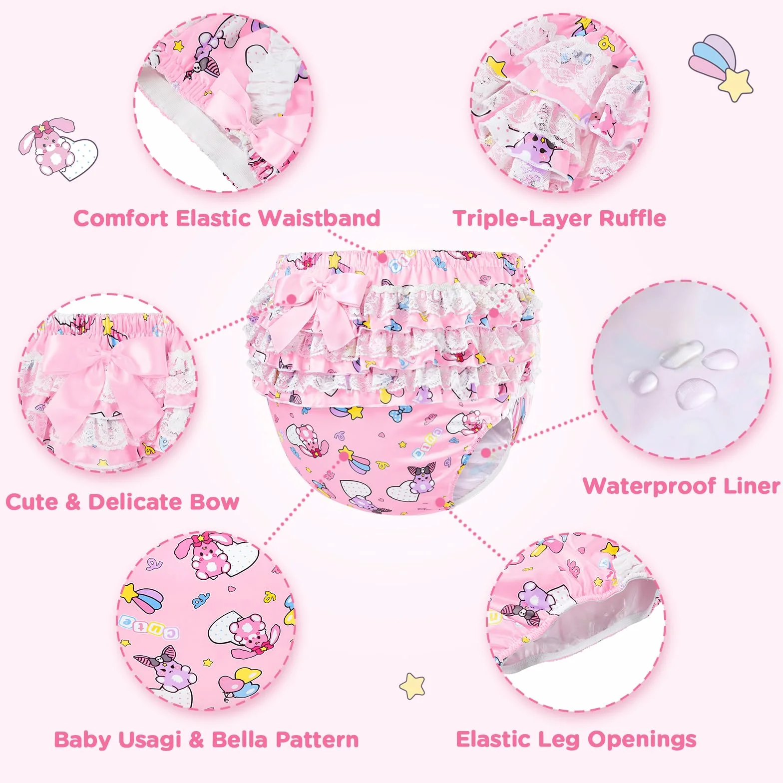 LittleForBig Jedwabista, nadaje się do prania, wodoszczelna, z koronką, śliczna kokardka, wzór Baby Usagi & Bella, różowa, rozmiar M